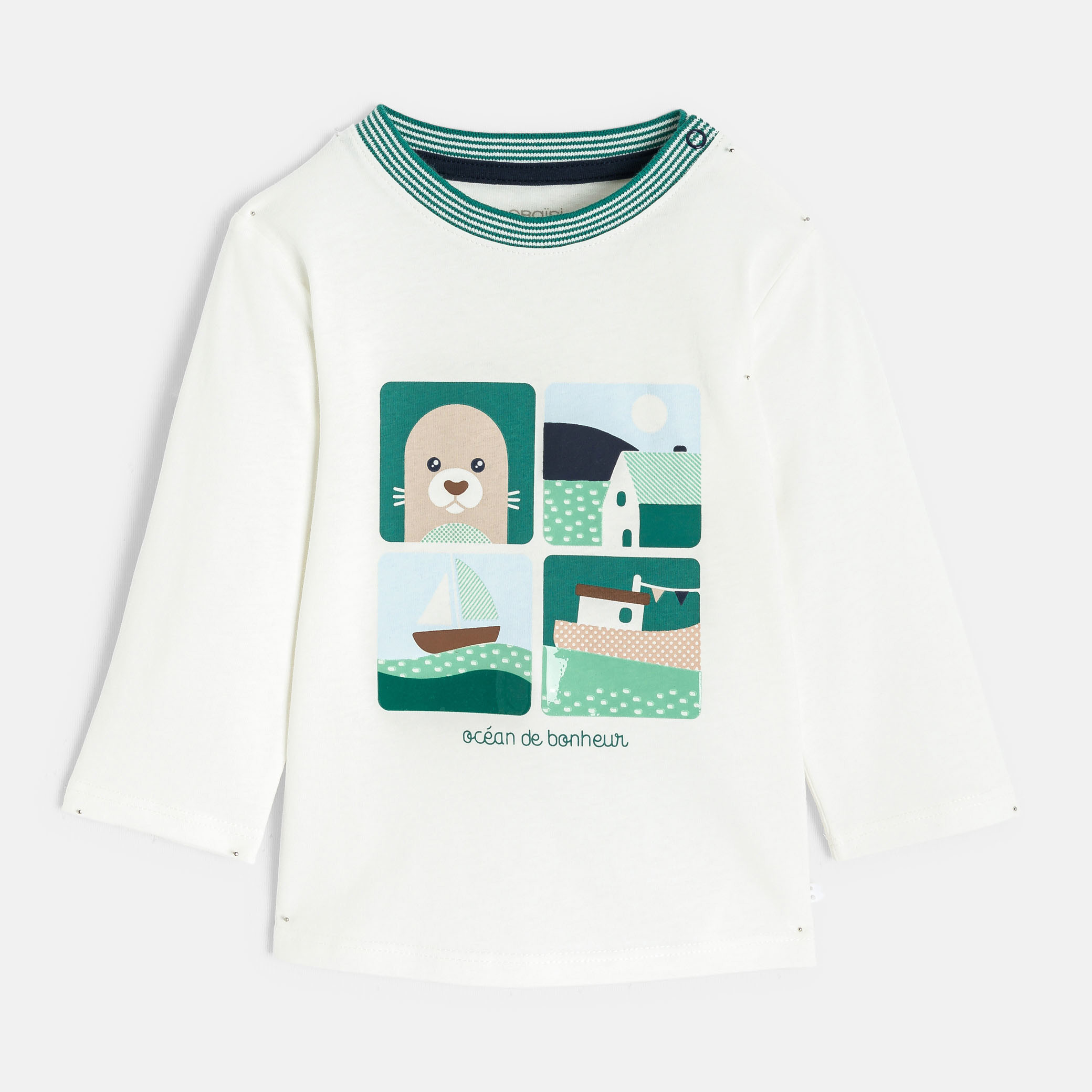 T-shirt blanc manches longues à motif bébé garçon - Blanc écru