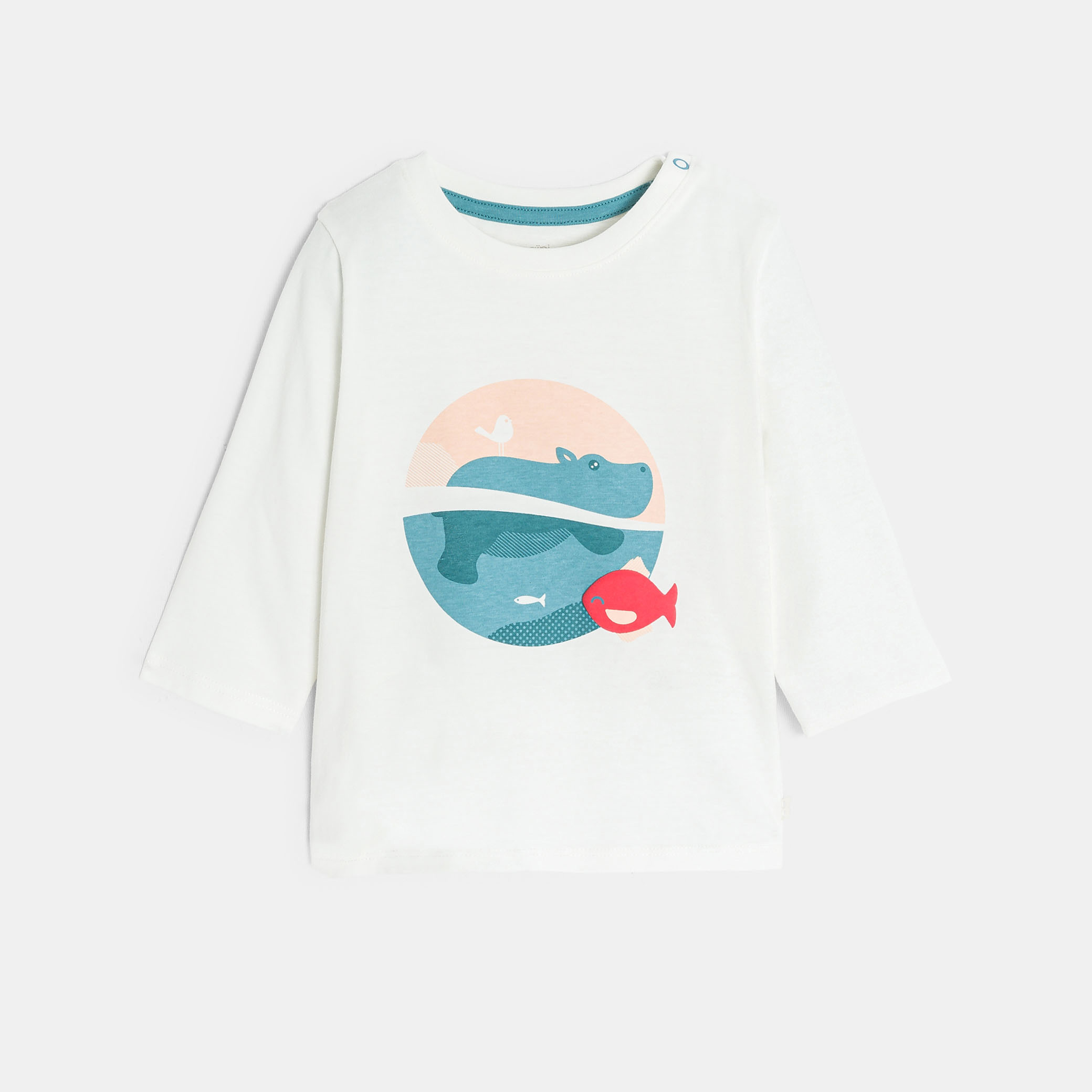 T-shirt blanc manches longues motif animal bébé garçon - Blanc écru