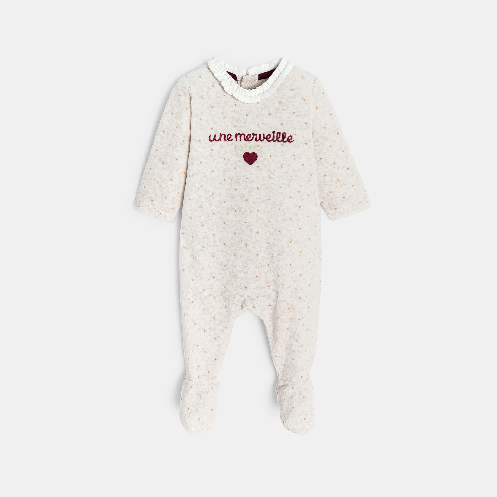 Dors-bien en velours beige brodé bébé fille - Beige chiné