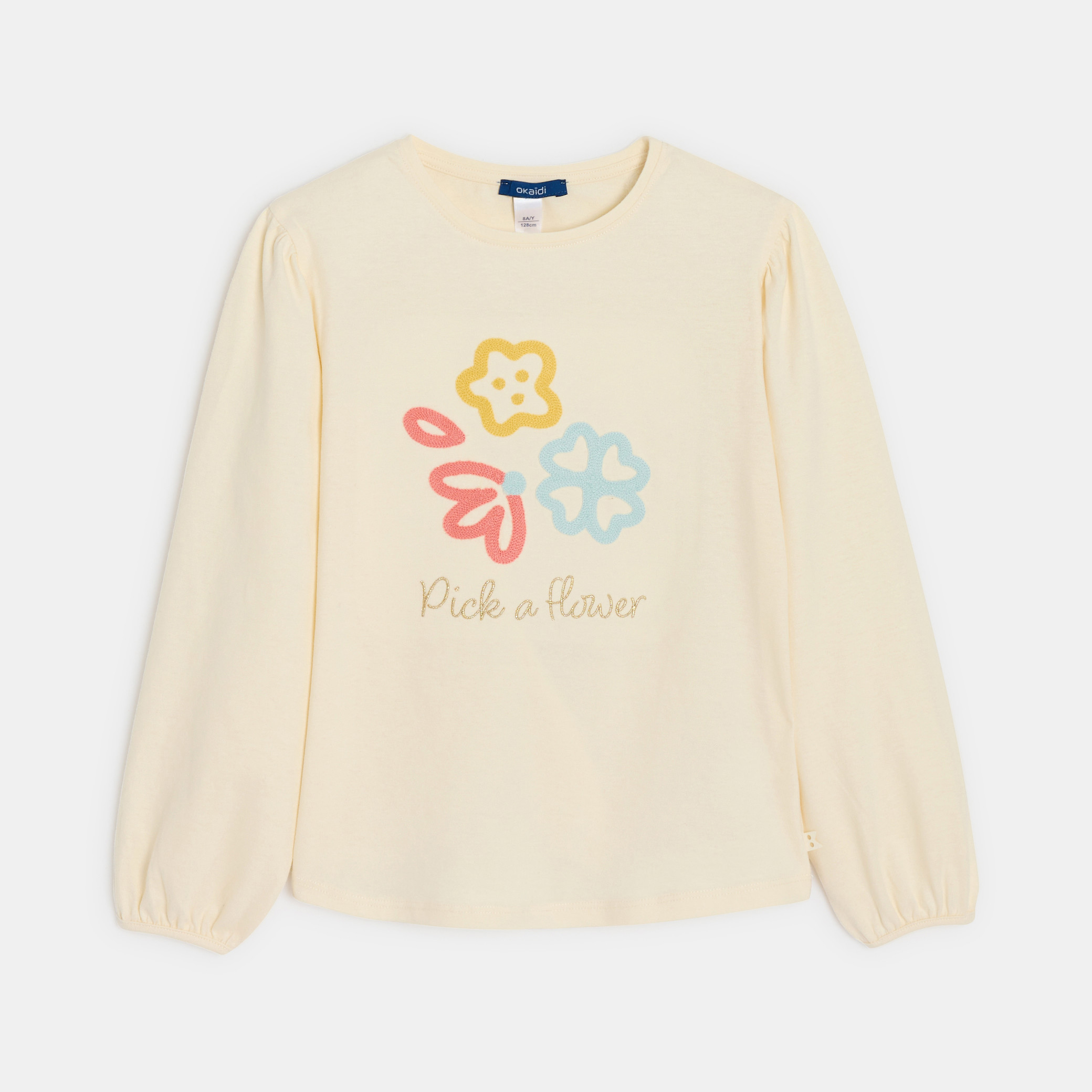 T-shirt brodé fleurs rose fille - Blanc Meringue