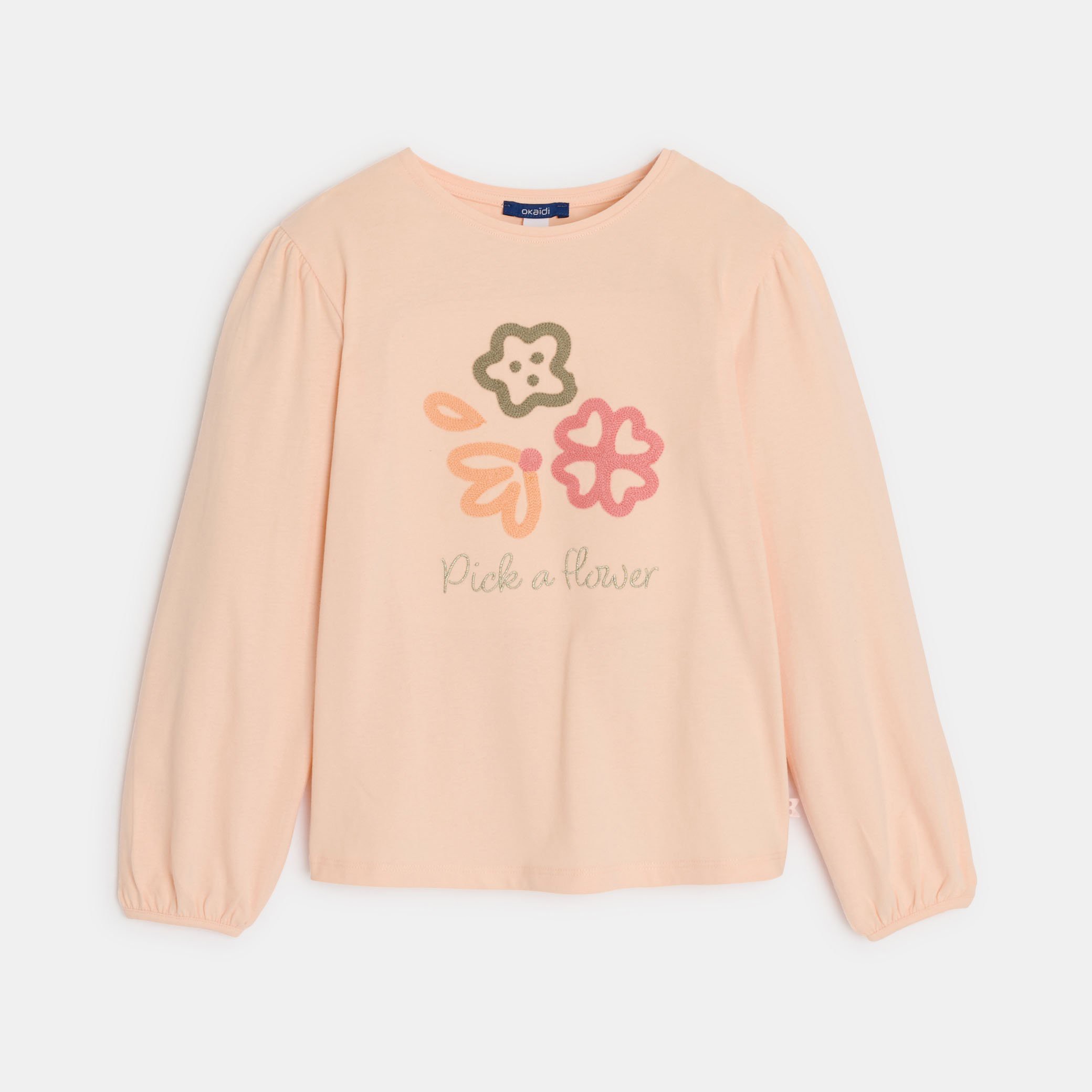 T-shirt brodé fleurs rose fille - Rose Litchi