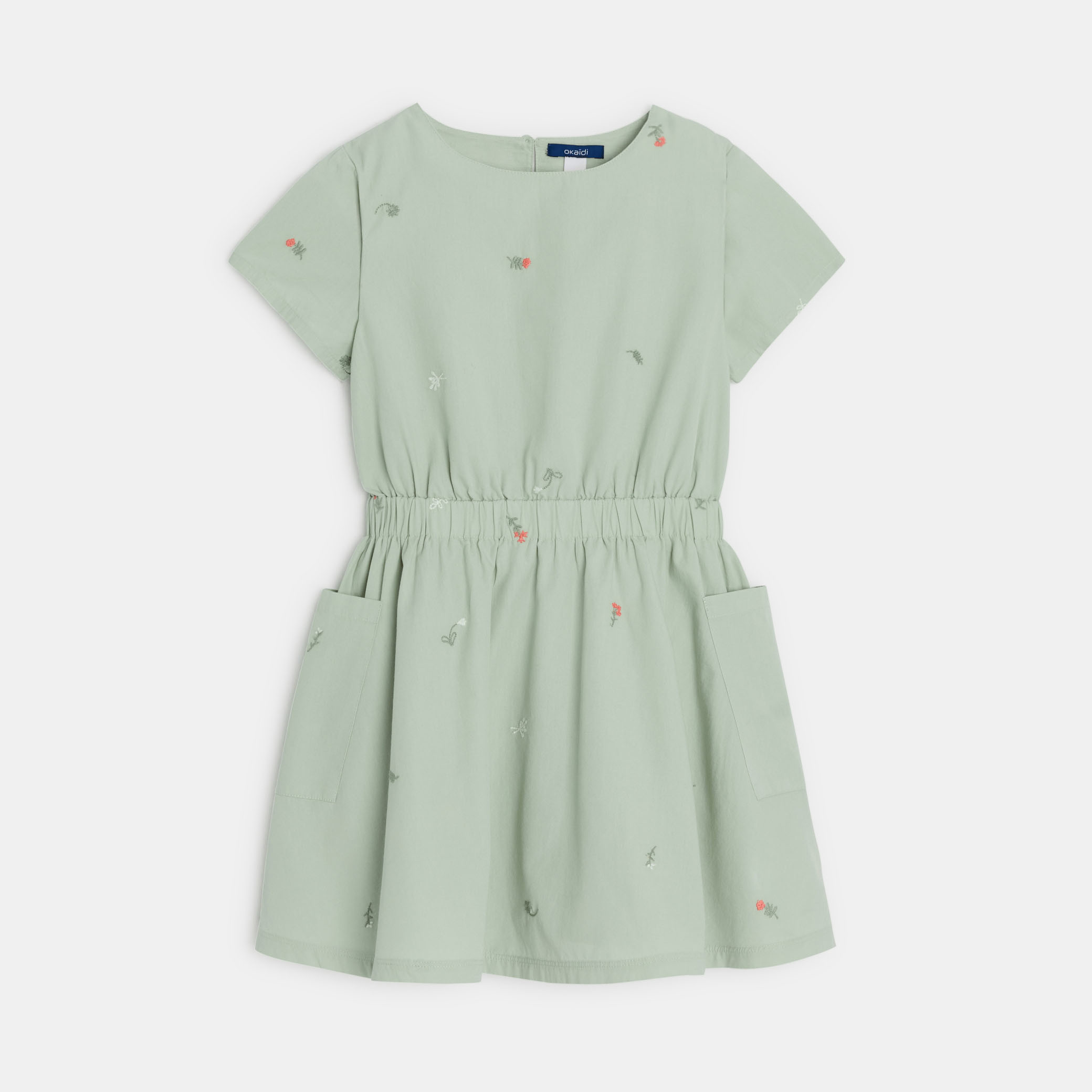 Robe brodée fleurs vert fille - Imprimé vert