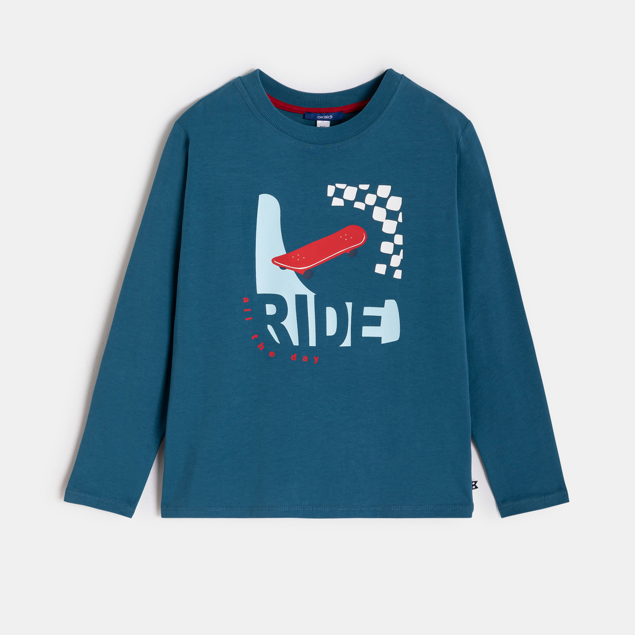 T-shirt manches longues skate gris garçon - Bleu pétrole