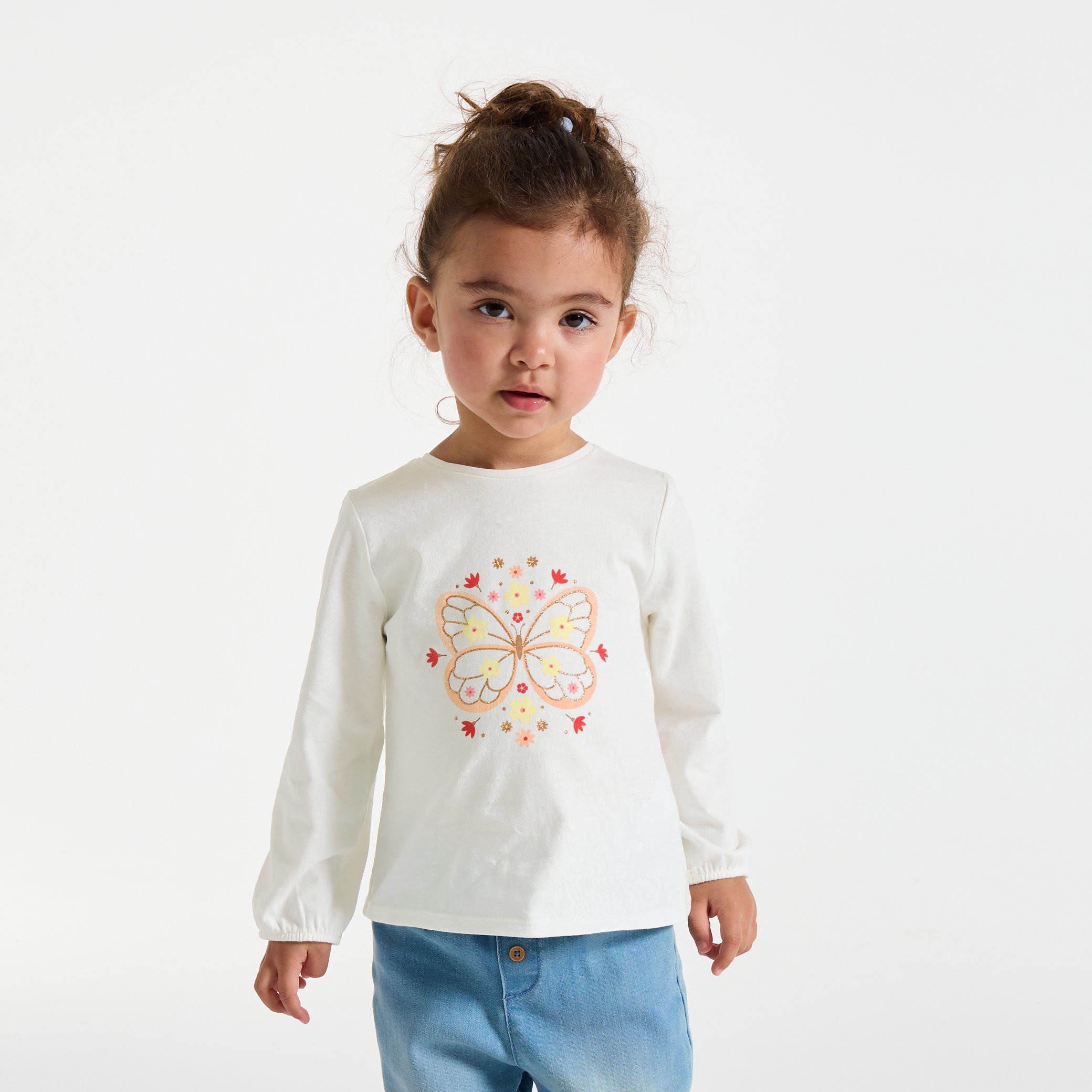 T-shirt blanc manches longues à motif animalier bébé fille - Imprimé orange