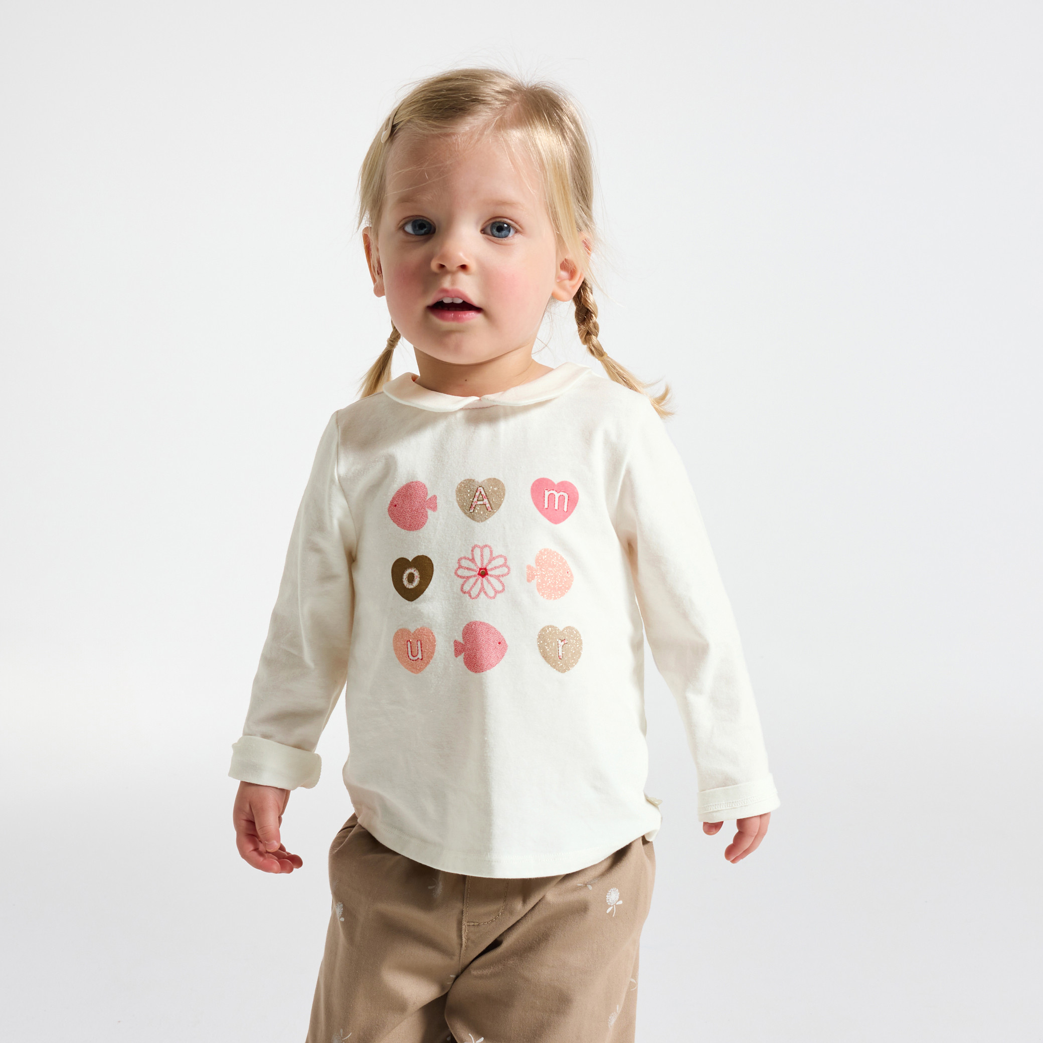 T-shirt col claudine blanc bébé fille - Imprimé orange