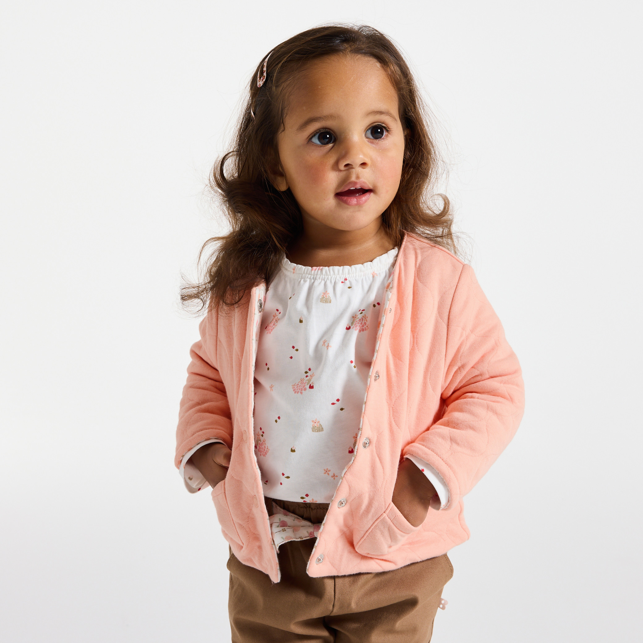Sweat boutonné réversible beige bébé fille - Imprimé beige