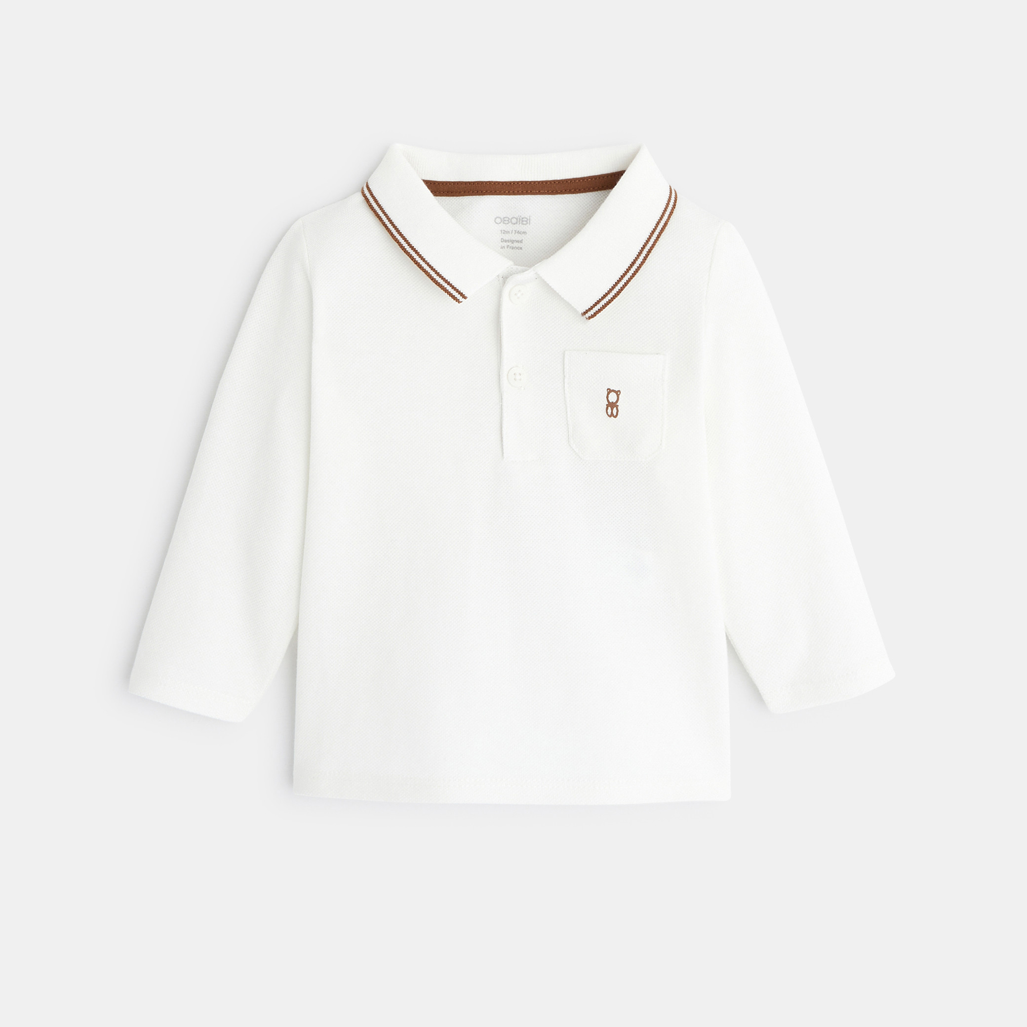 Polo piqué uni manches longues blanc bébé garçon - Blanc écru