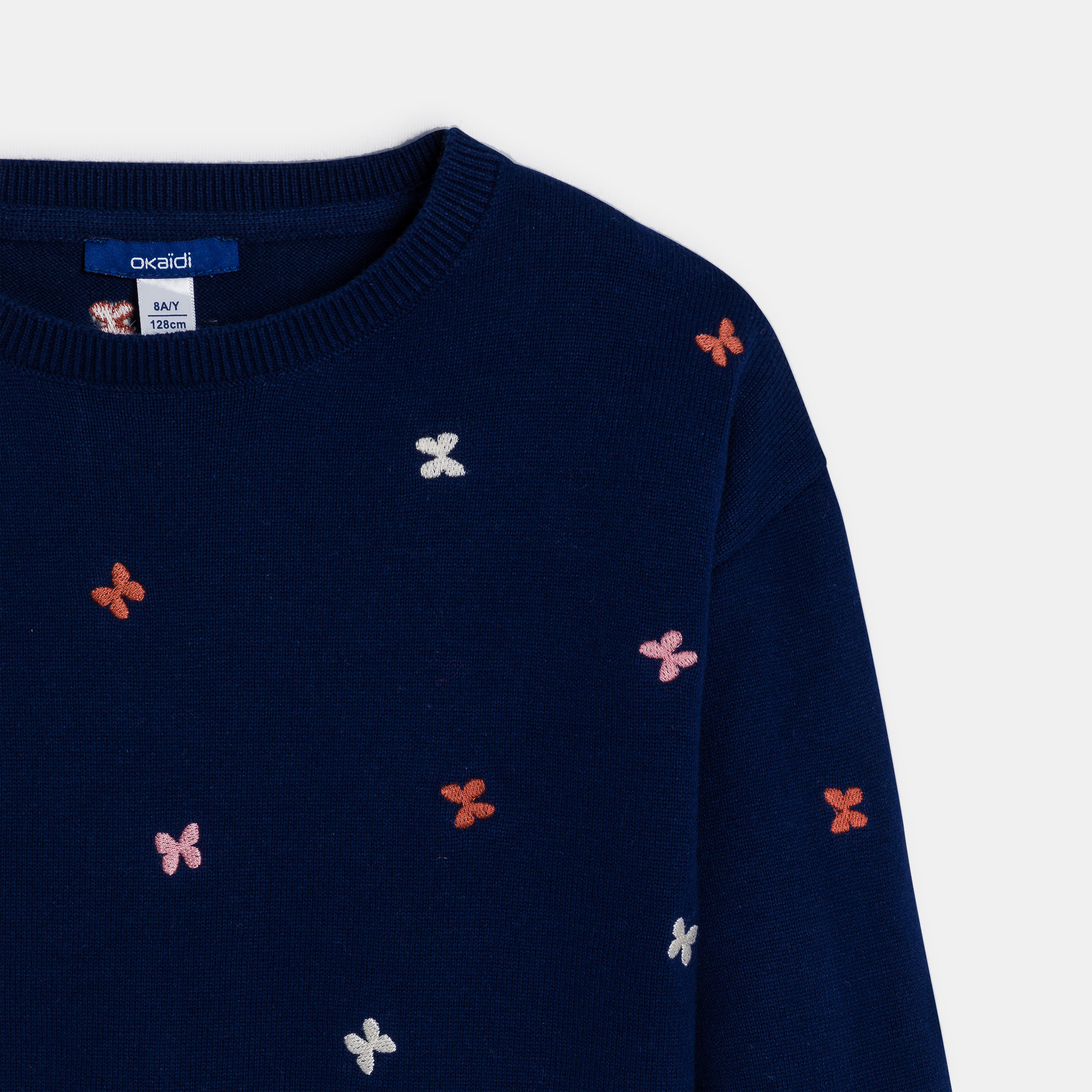 Pull brodé papillon fille bleu - Indigo Fonce
