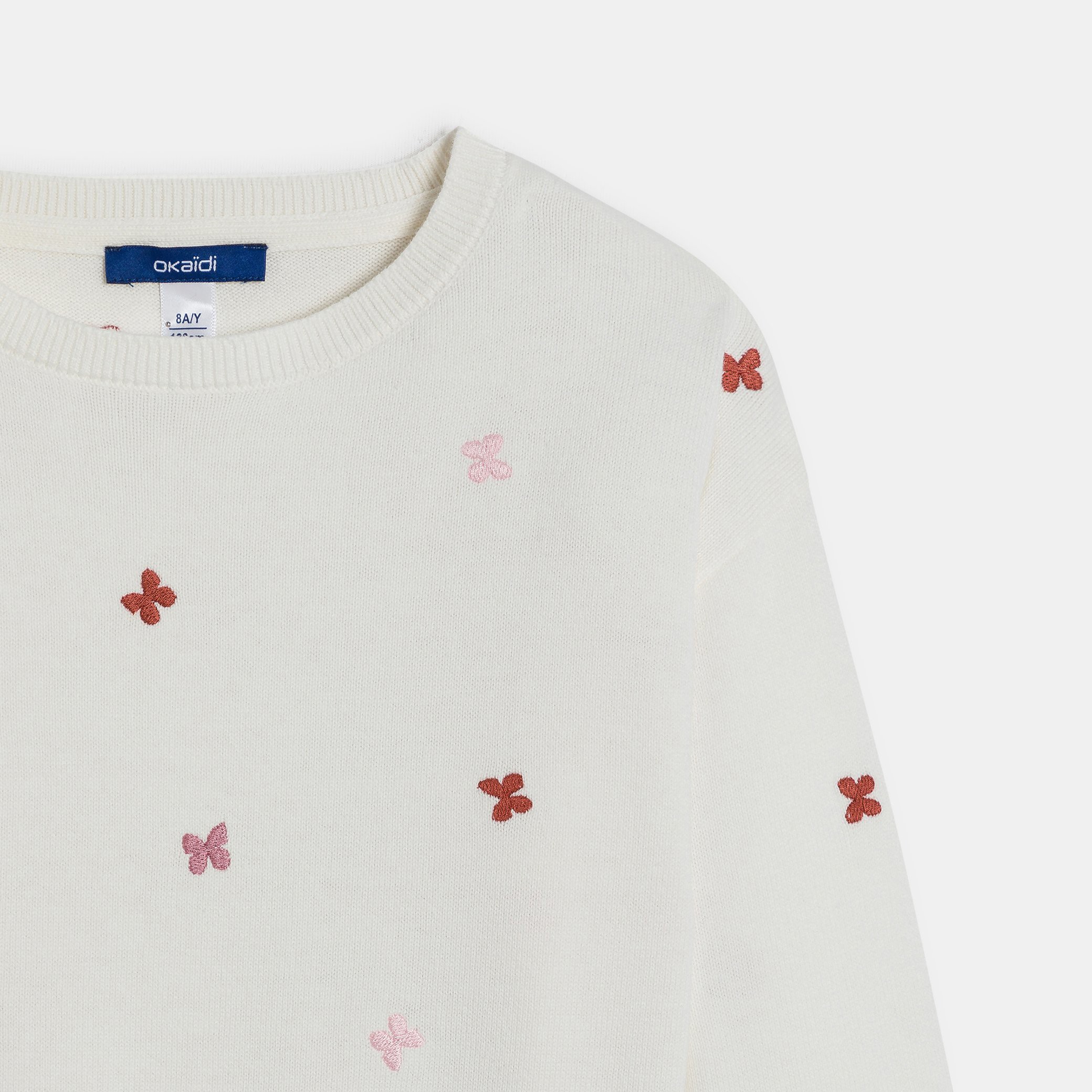 Pull brodé papillon fille bleu - Ecru Clair