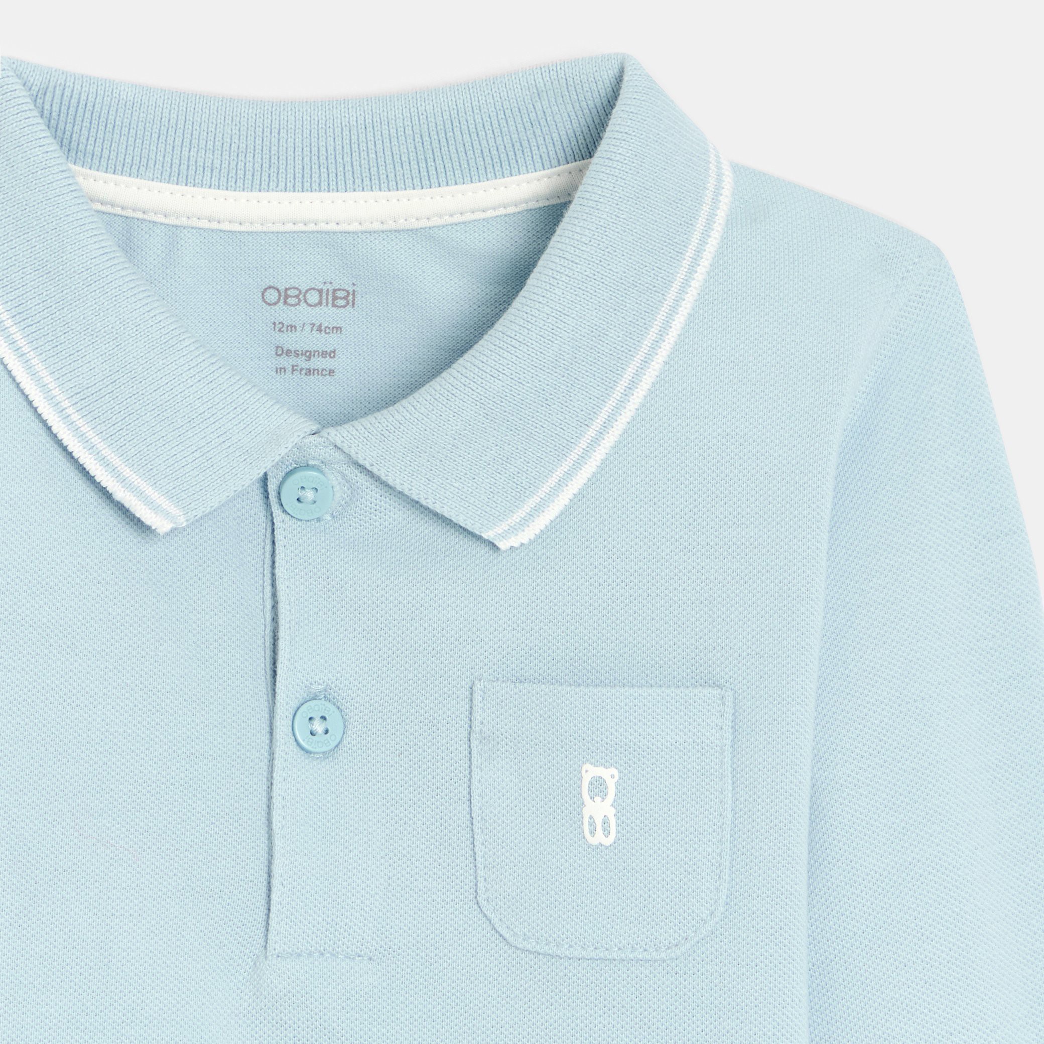 Polo piqué uni manches longues blanc bébé garçon - Bleu Clair