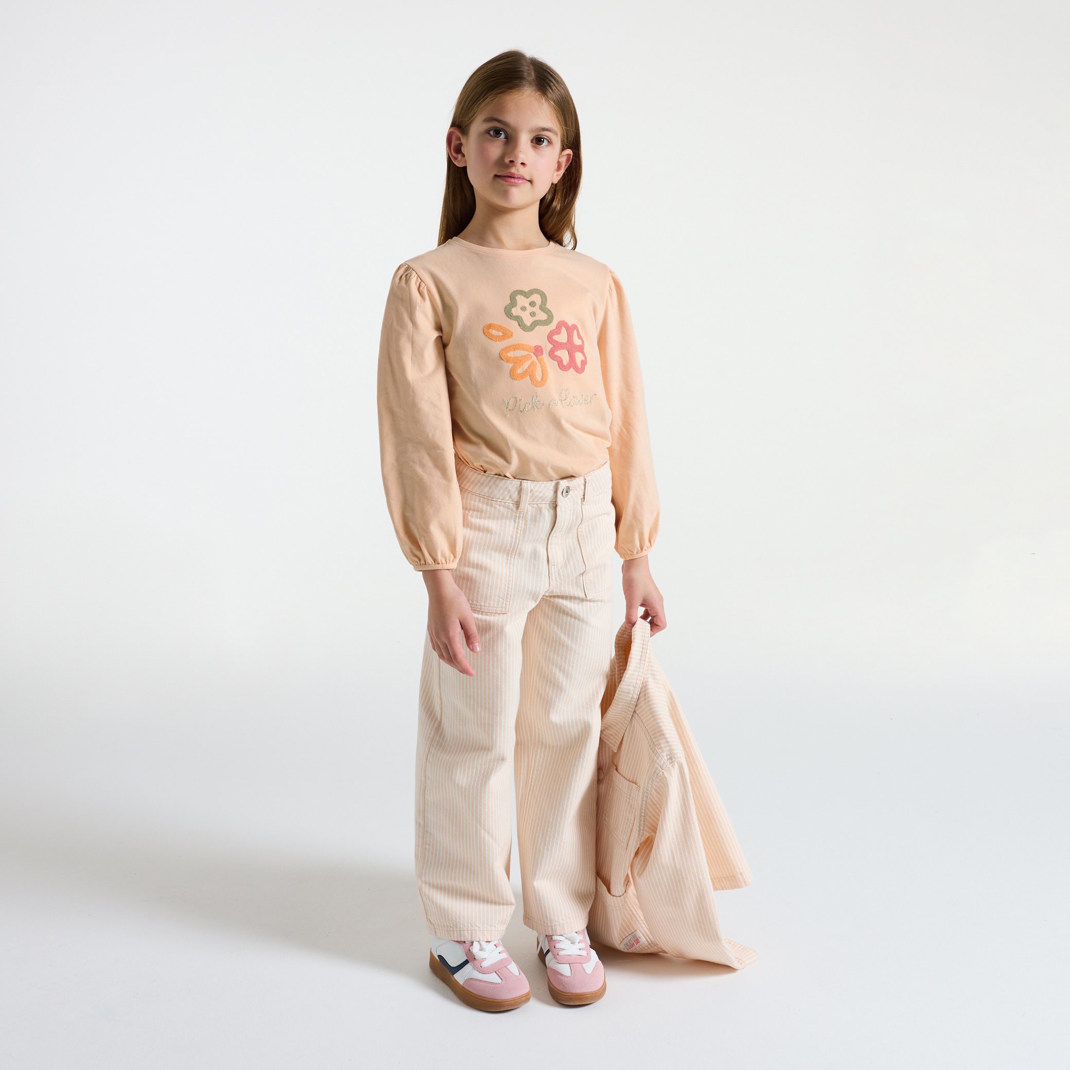 T-shirt brodé fleurs rose fille - Rose Litchi