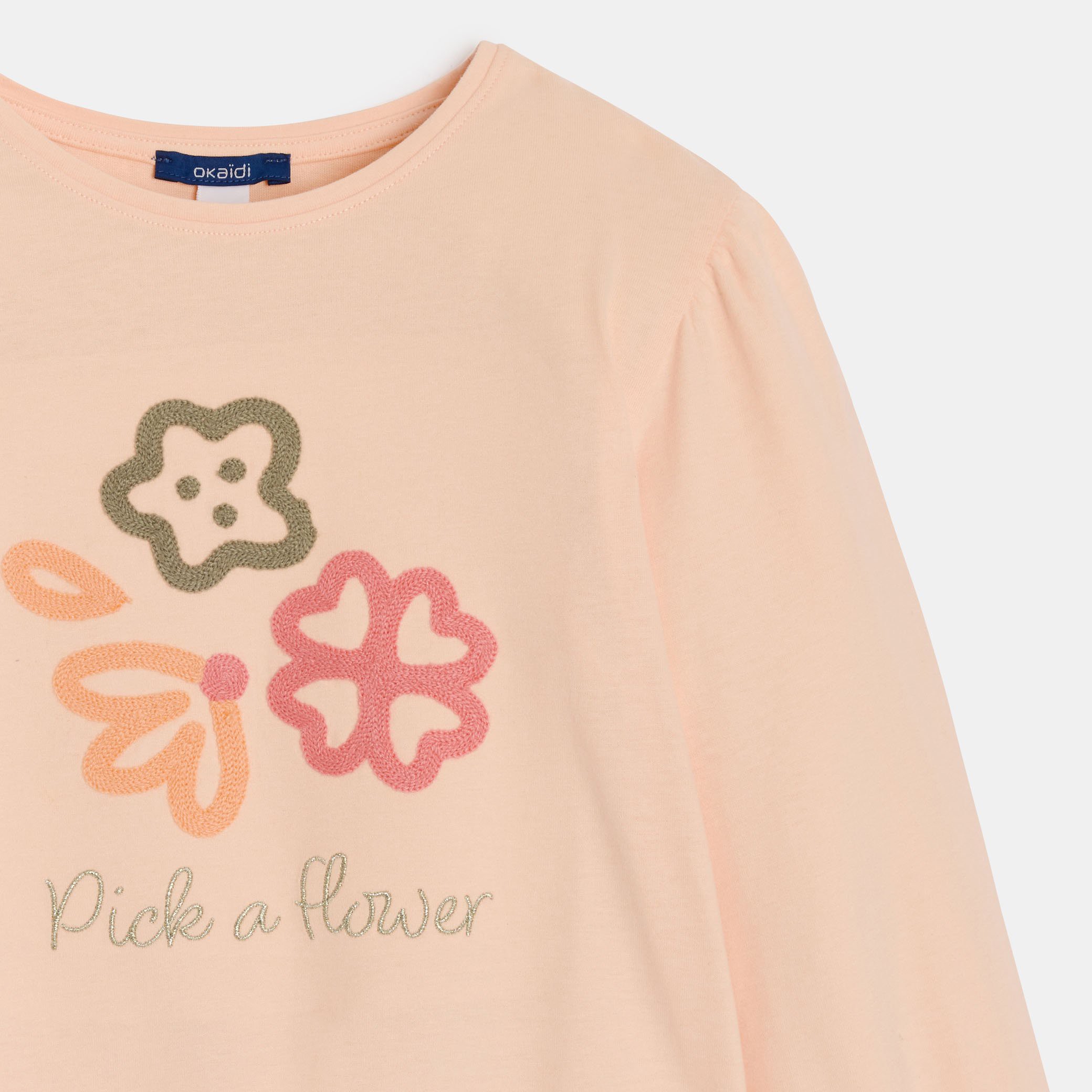 T-shirt brodé fleurs rose fille - Rose Litchi