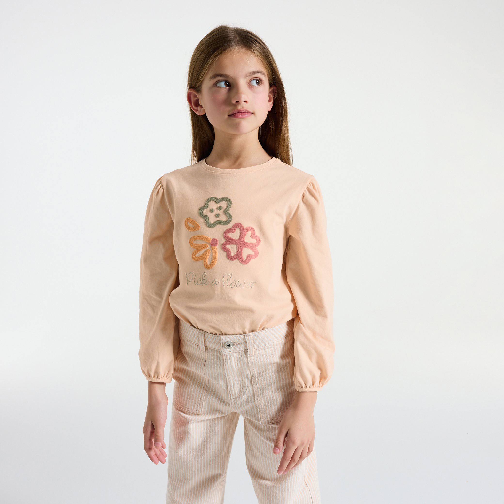 T-shirt brodé fleurs rose fille - Rose Litchi