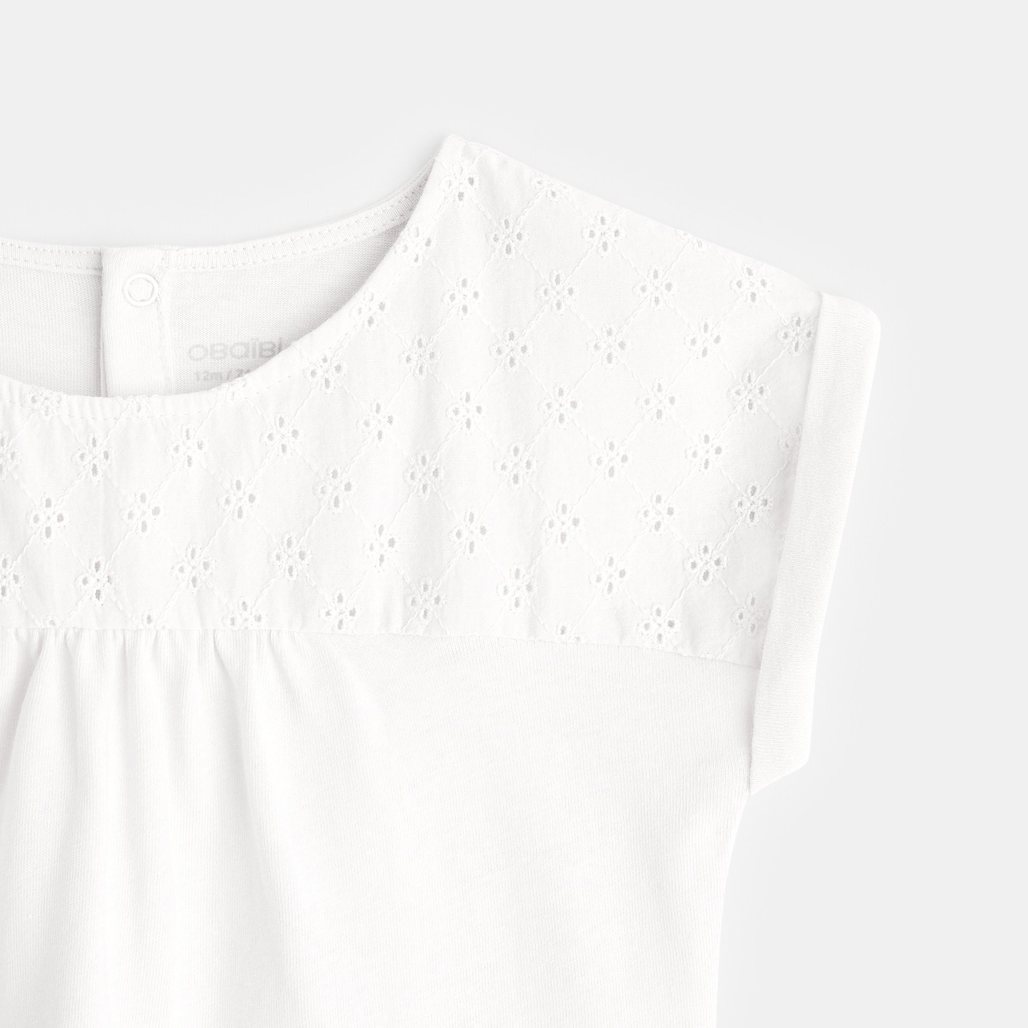 T-shirt bi-matière broderie anglaise vert turquoise bébé fille - Blanc