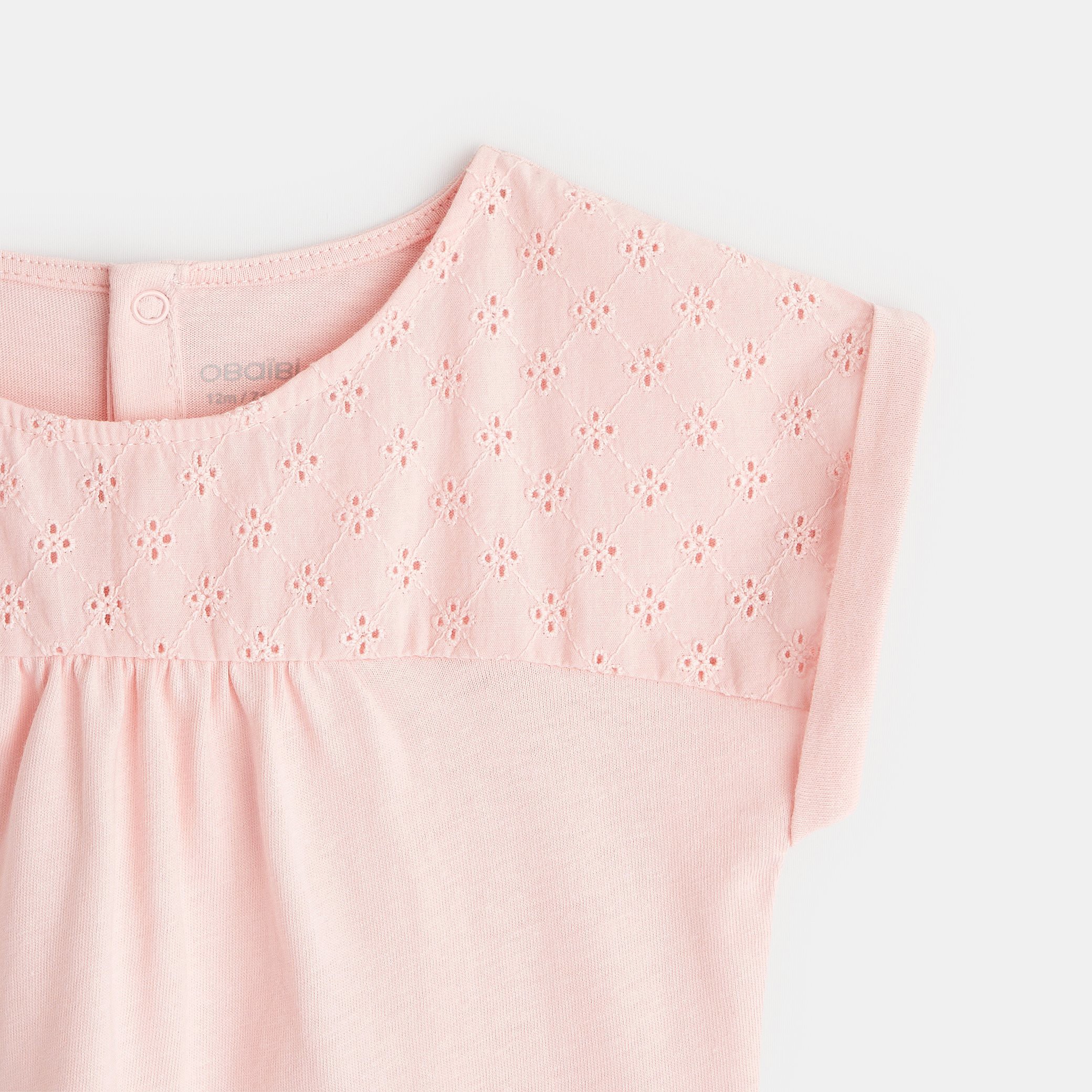 T-shirt bi-matière broderie anglaise vert turquoise bébé fille - Rose Thé