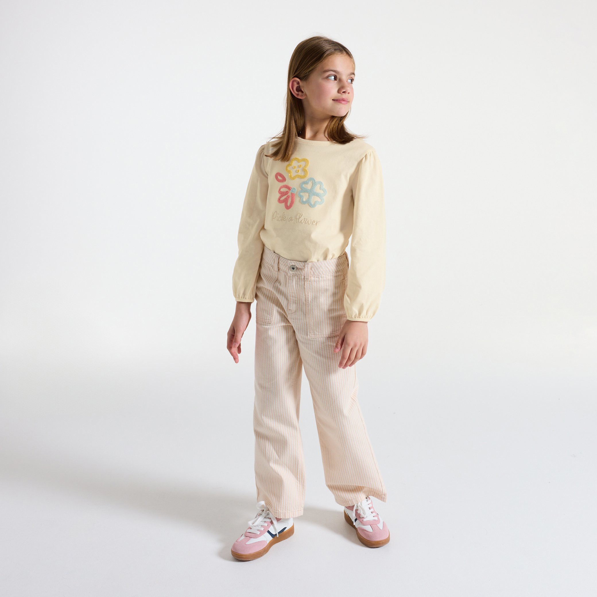 T-shirt brodé fleurs rose fille - Blanc Meringue