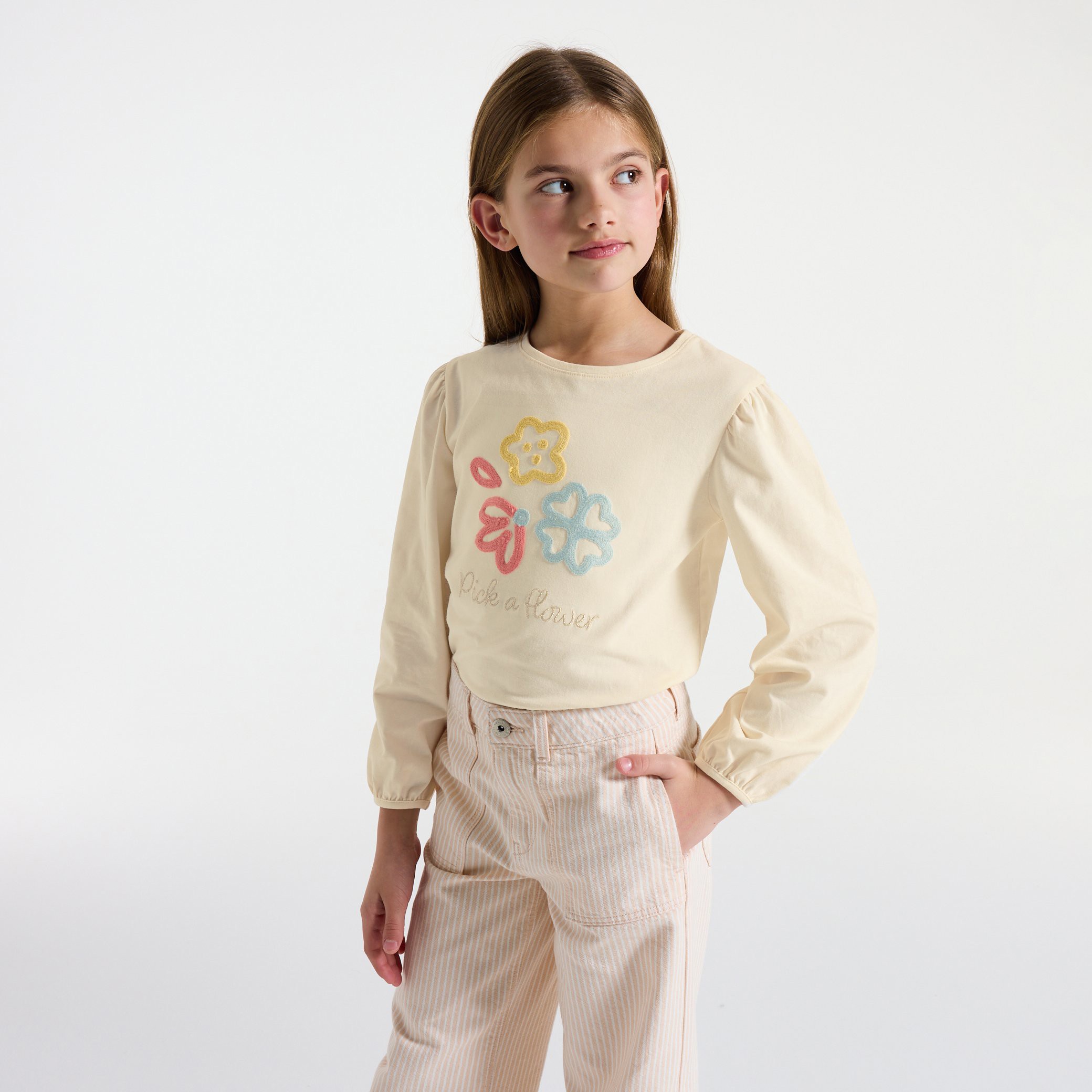 T-shirt brodé fleurs rose fille - Blanc Meringue