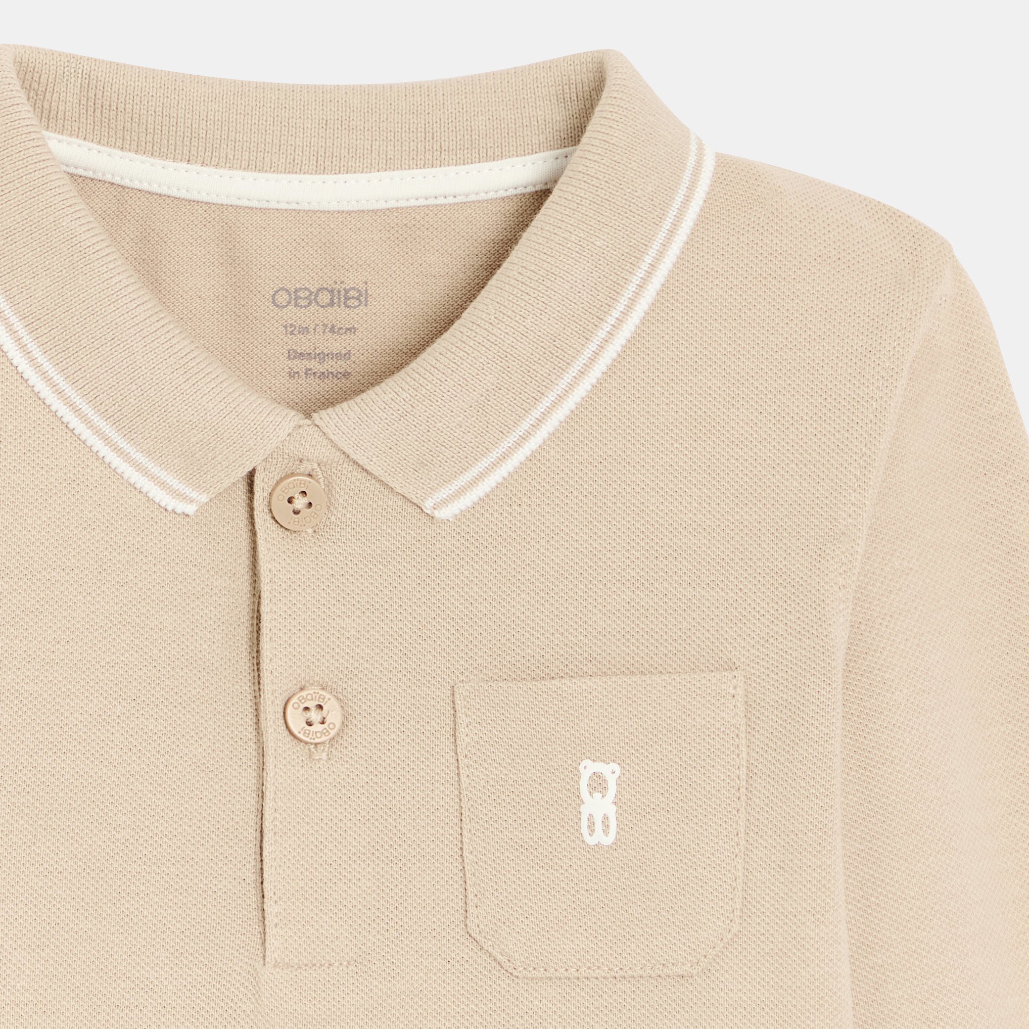 Polo piqué uni manches longues blanc bébé garçon - Beige Noix