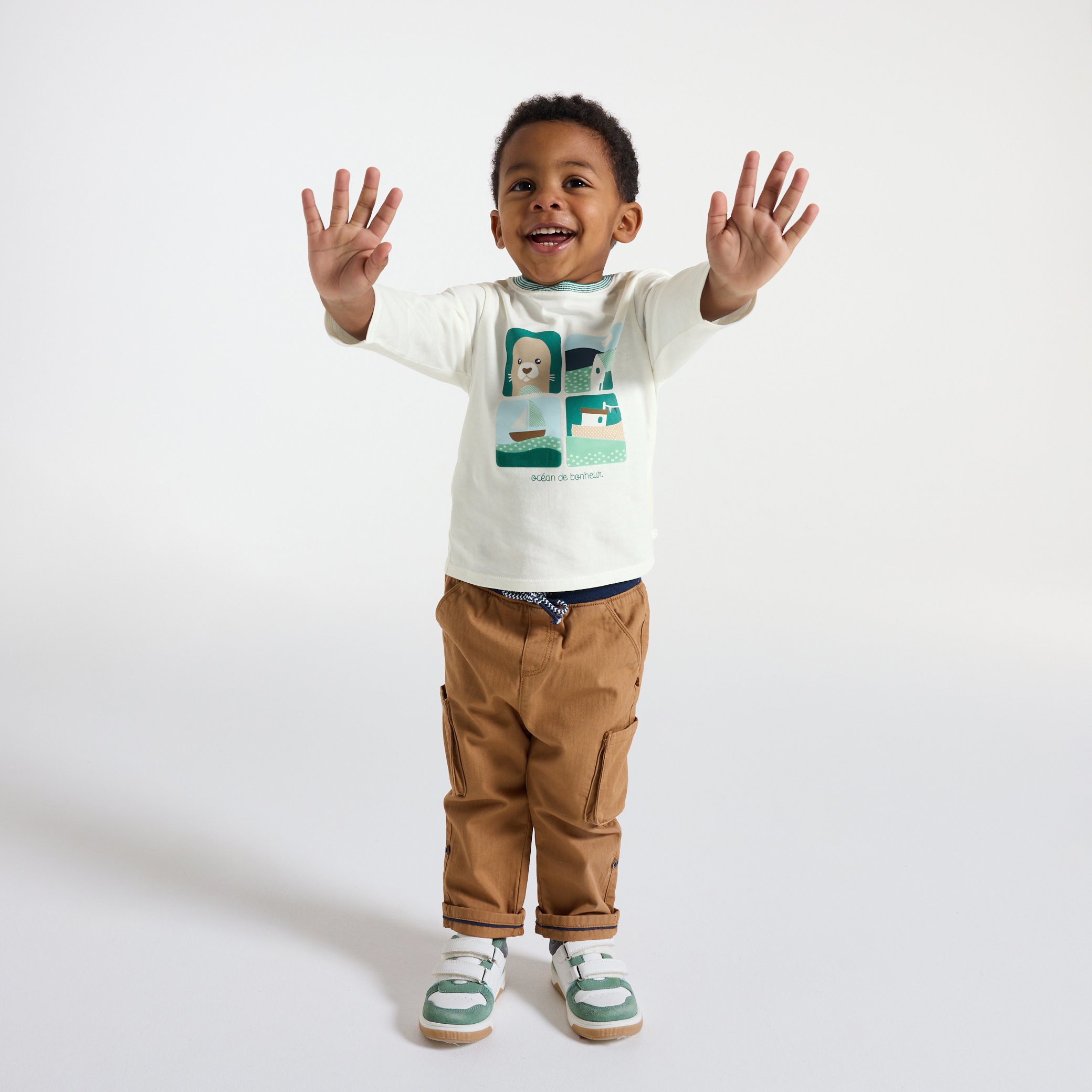 T-shirt blanc manches longues à motif bébé garçon - Blanc écru