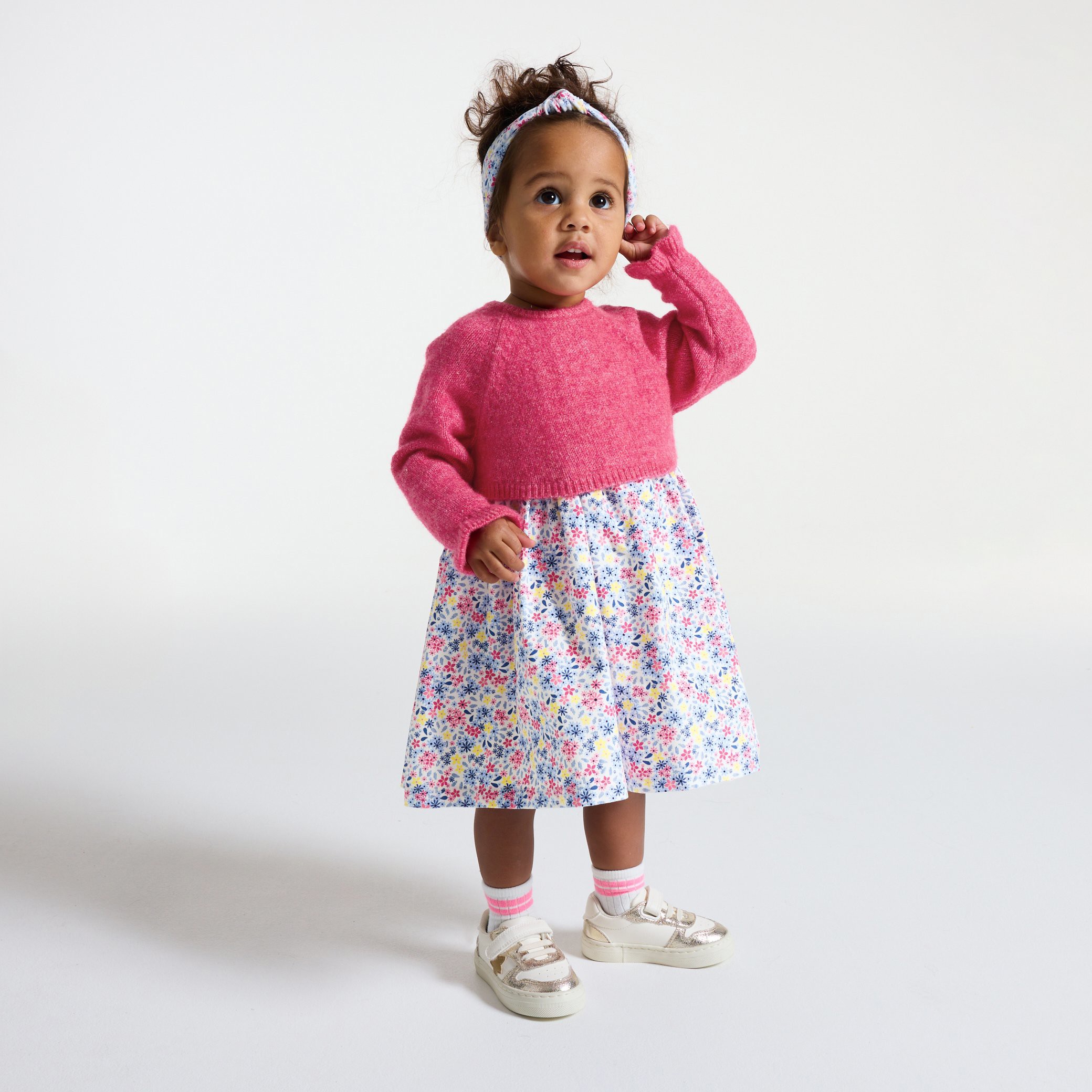 Robe fleurie jaune effet 2 en 1 bébé fille - Rose feu