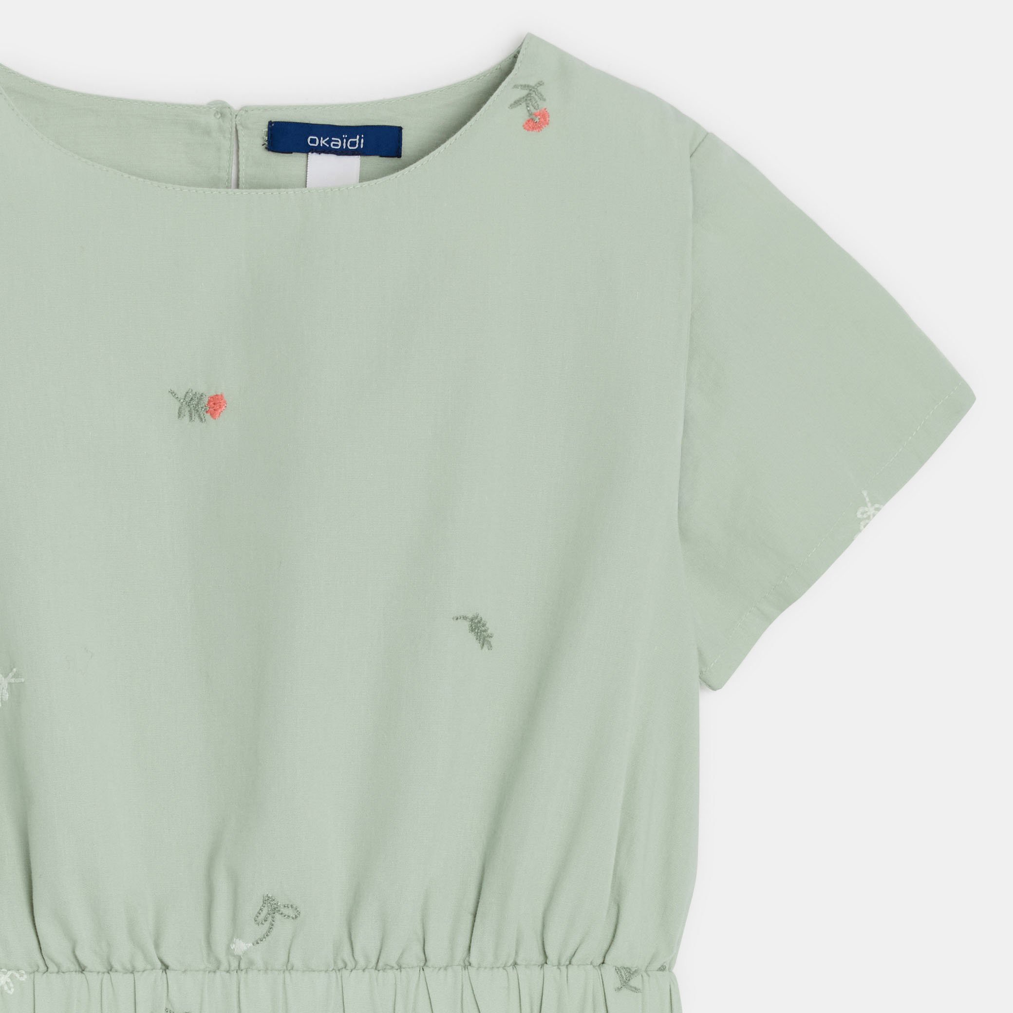 Robe brodée fleurs vert fille - Imprimé vert
