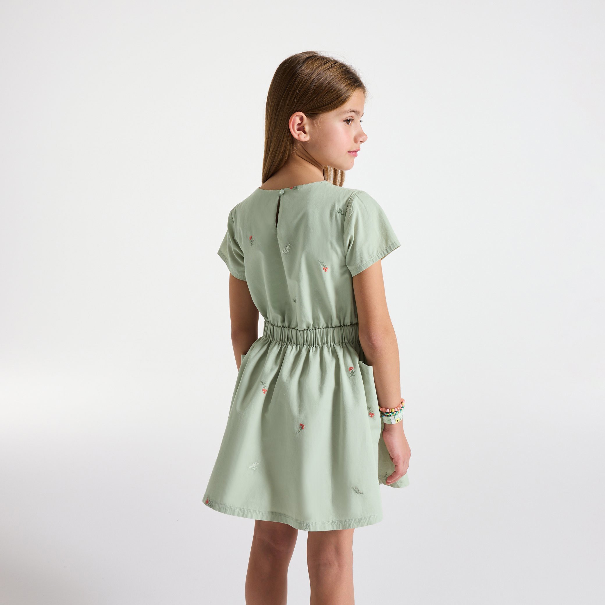 Robe brodée fleurs vert fille - Imprimé vert