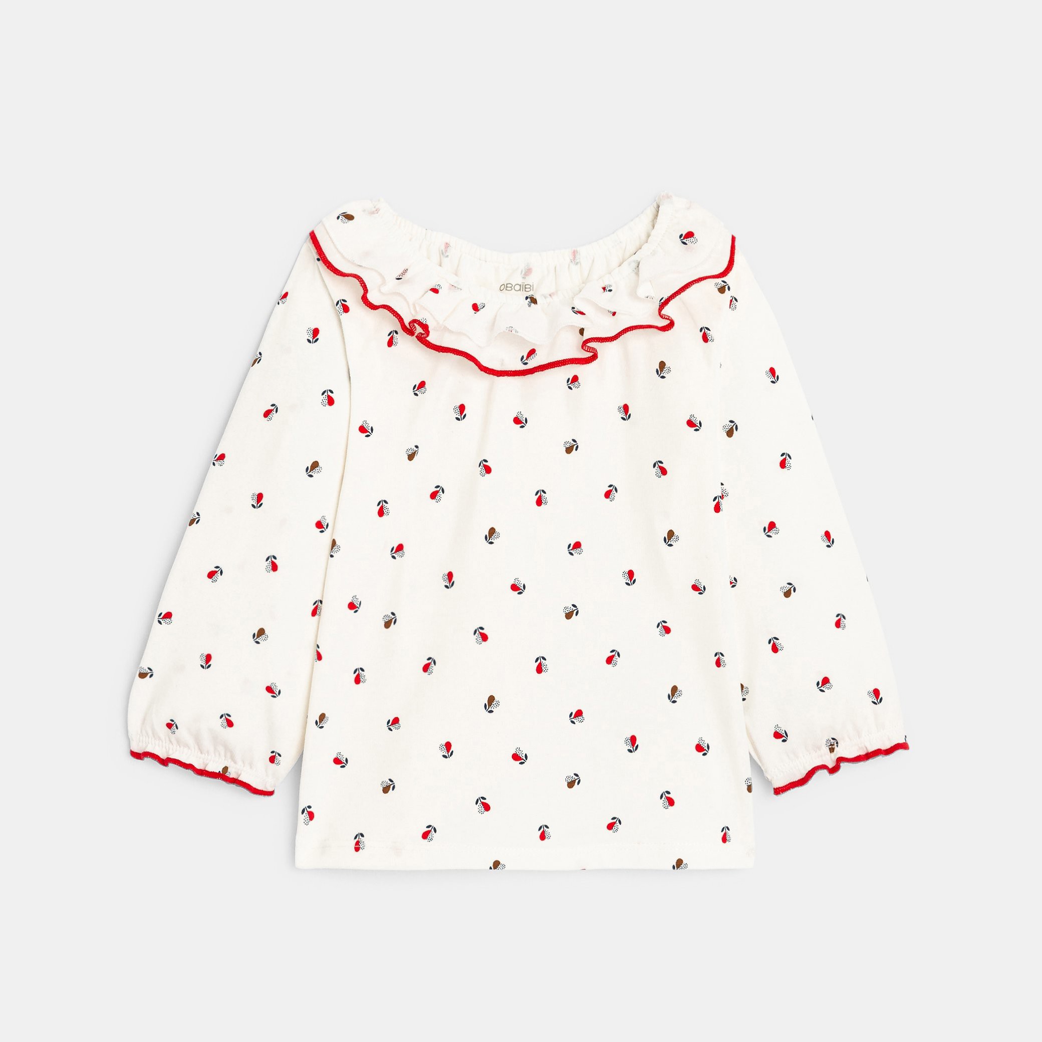 T-shirt col volanté blanc bébé fille - Imprimé rouge
