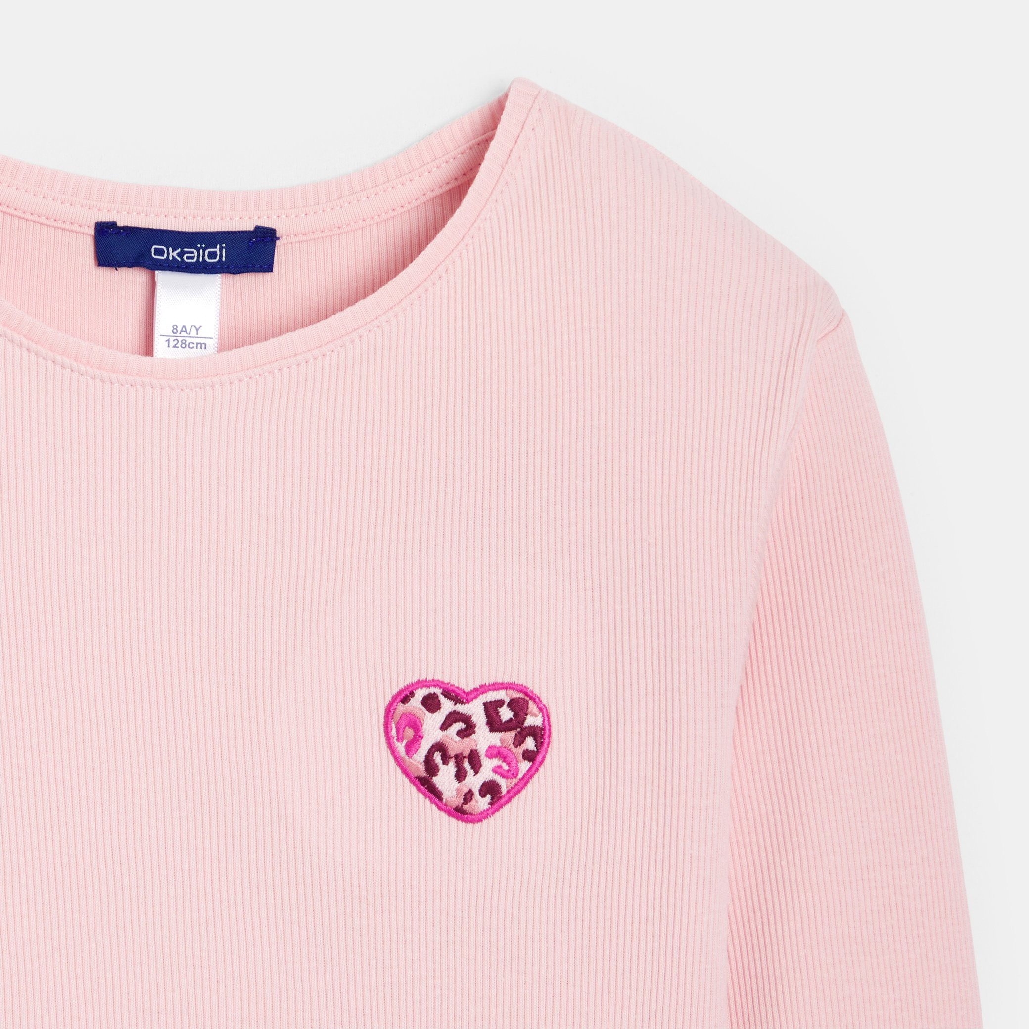 T-shirt manches longues cœur léopard noir Fille - Rose Tres Clair