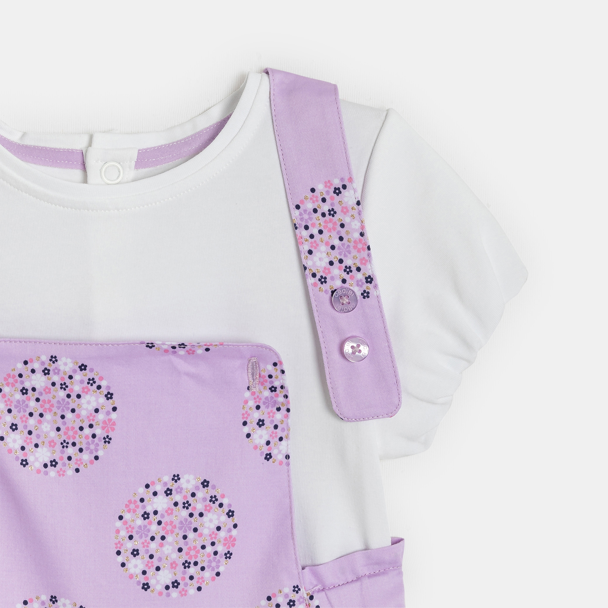 Salopette courte et t-shirt mauve bébé fille - Imprimé Violet