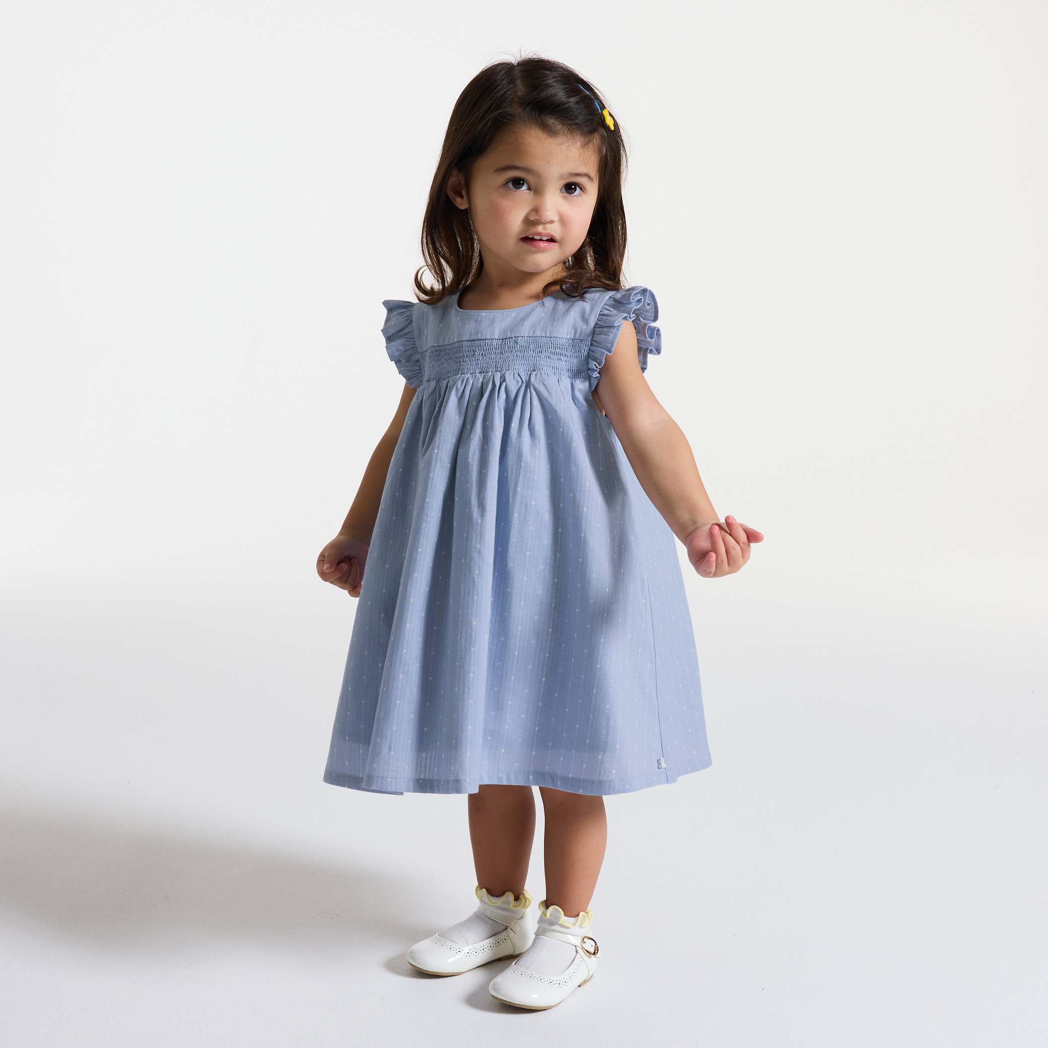 Robe à smocks fleurie bleu bébé fille - Rayures bleu