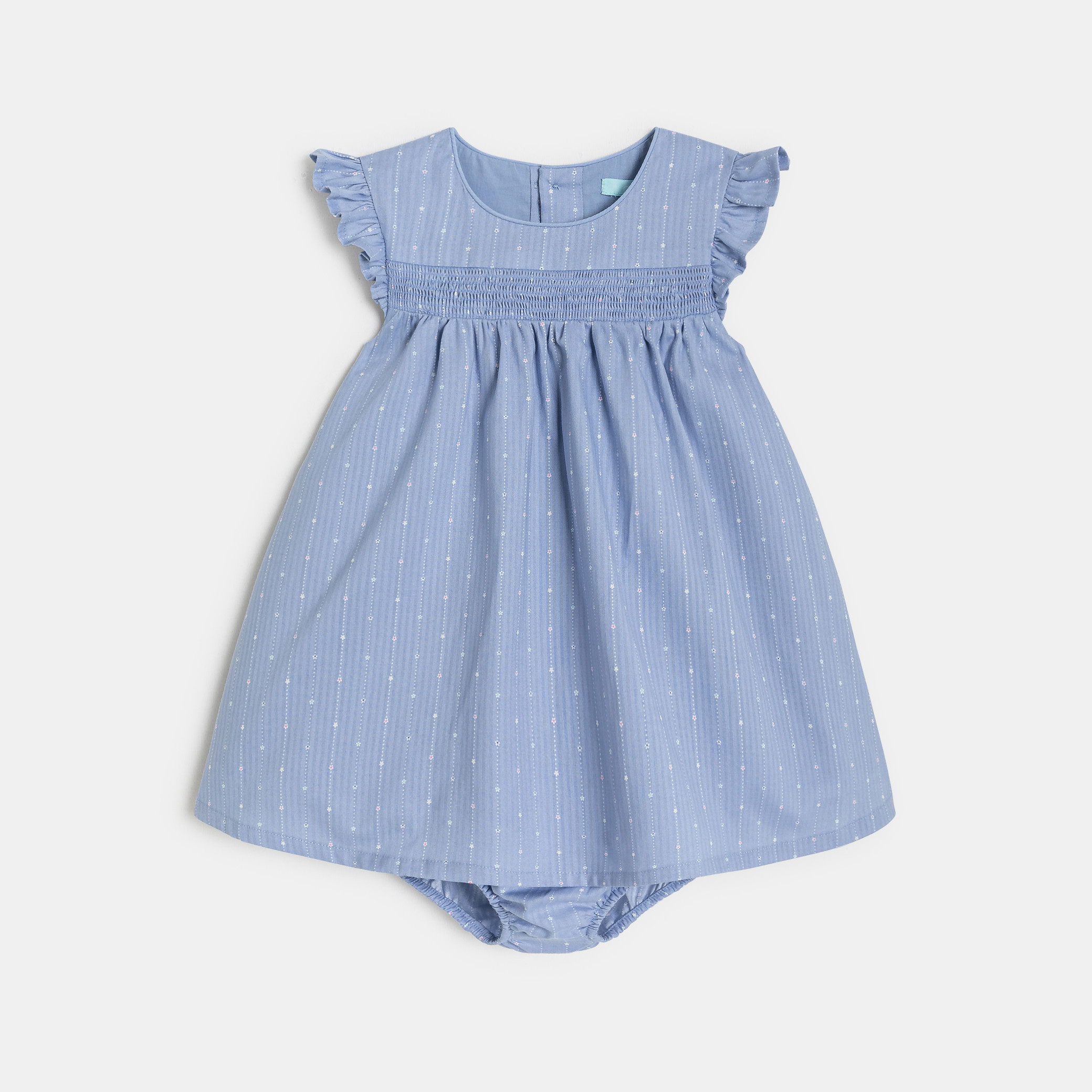 Robe à smocks fleurie bleu bébé fille - Rayures bleu