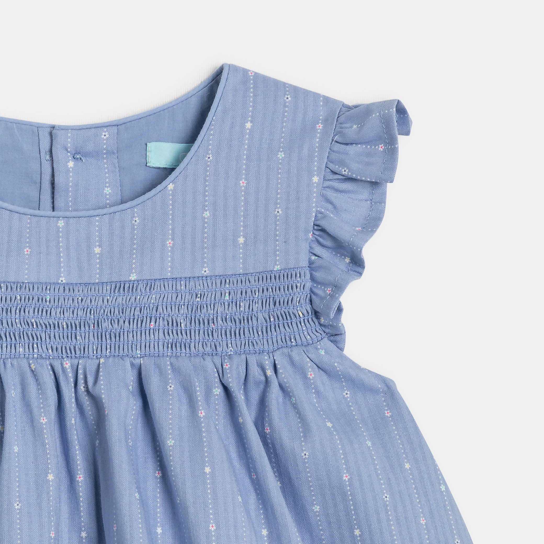 Robe à smocks fleurie bleu bébé fille - Rayures bleu