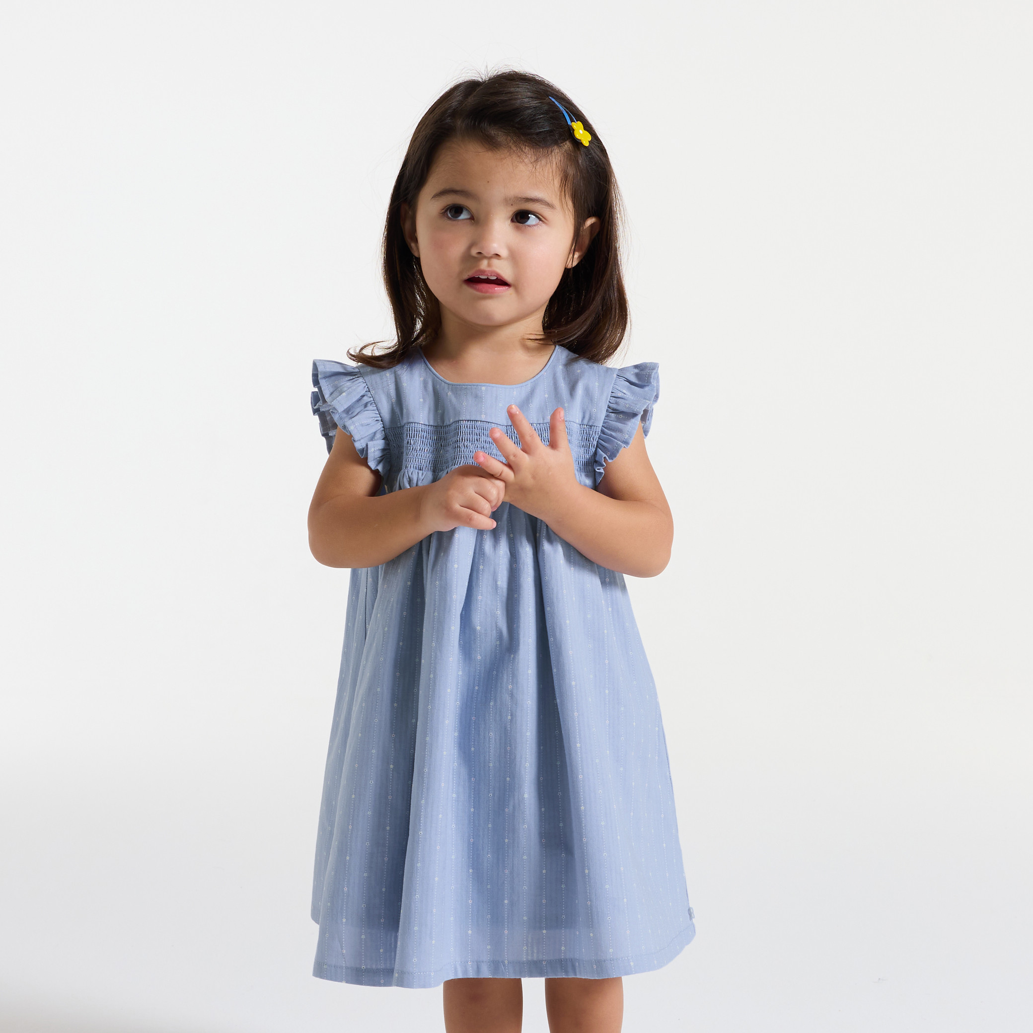 Robe à smocks fleurie bleu bébé fille - Rayures bleu