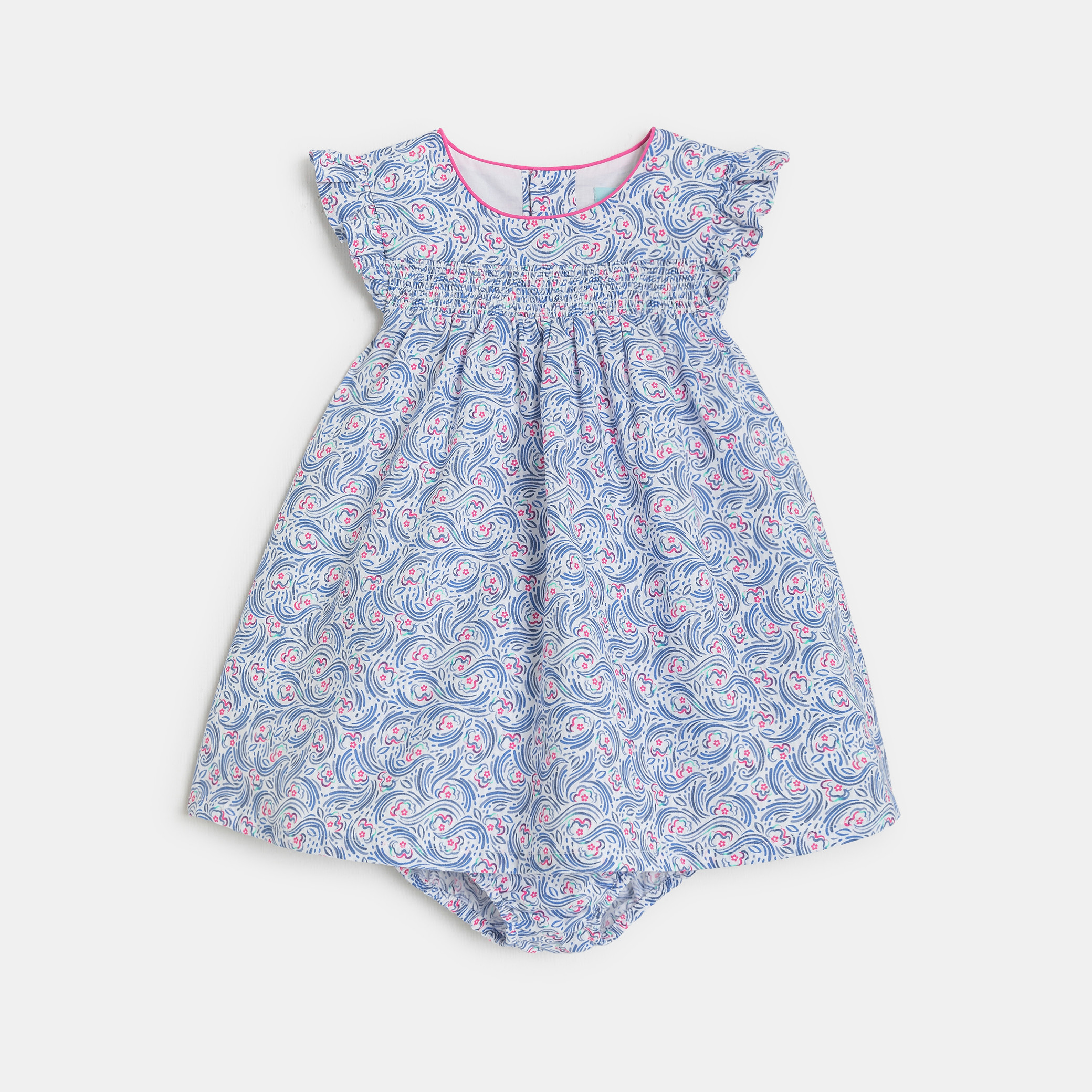 Robe à smocks fleurie bleu bébé fille - Imprimé bleu
