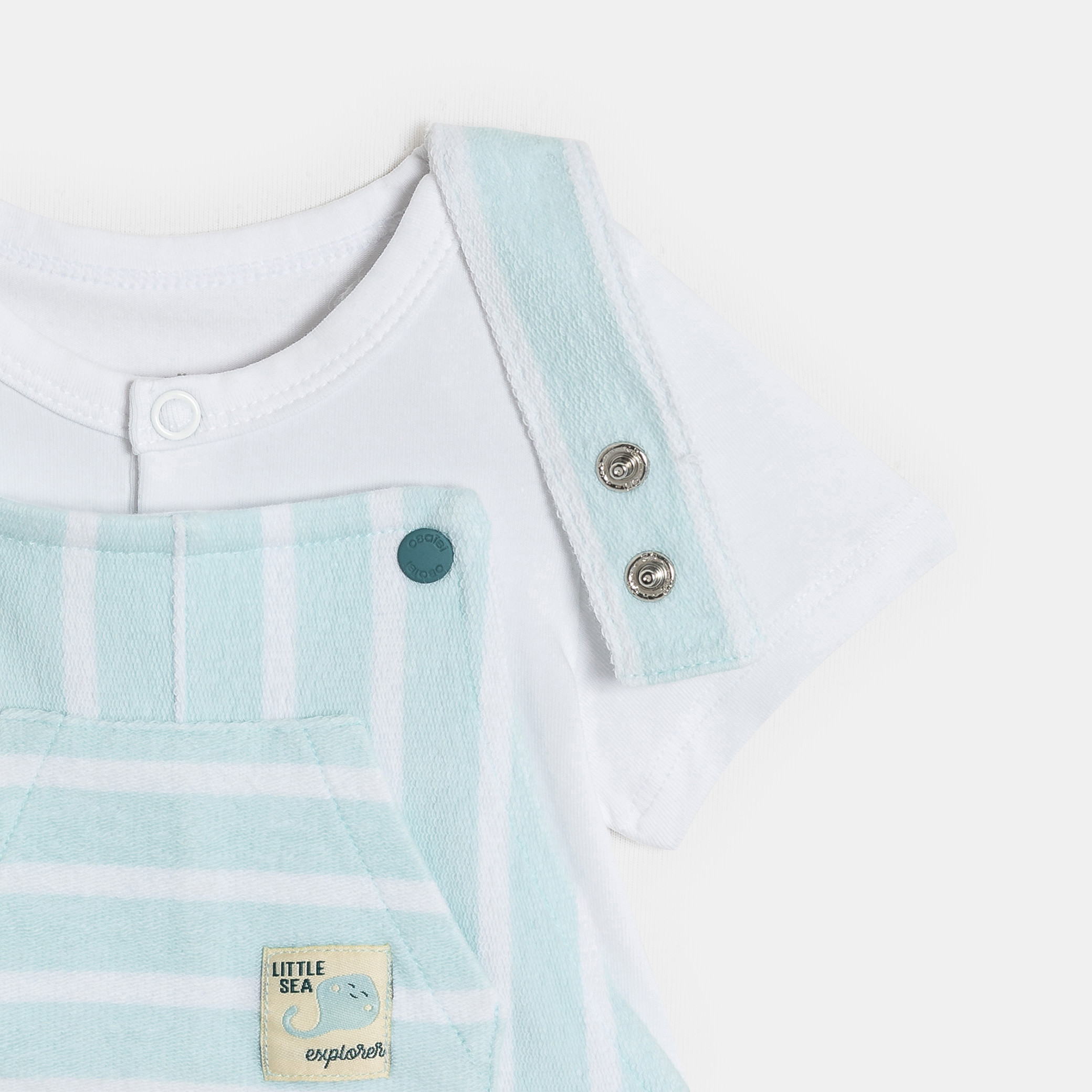 Salopette bouclette et body bleu clair bébé garçon - Rayures bleu