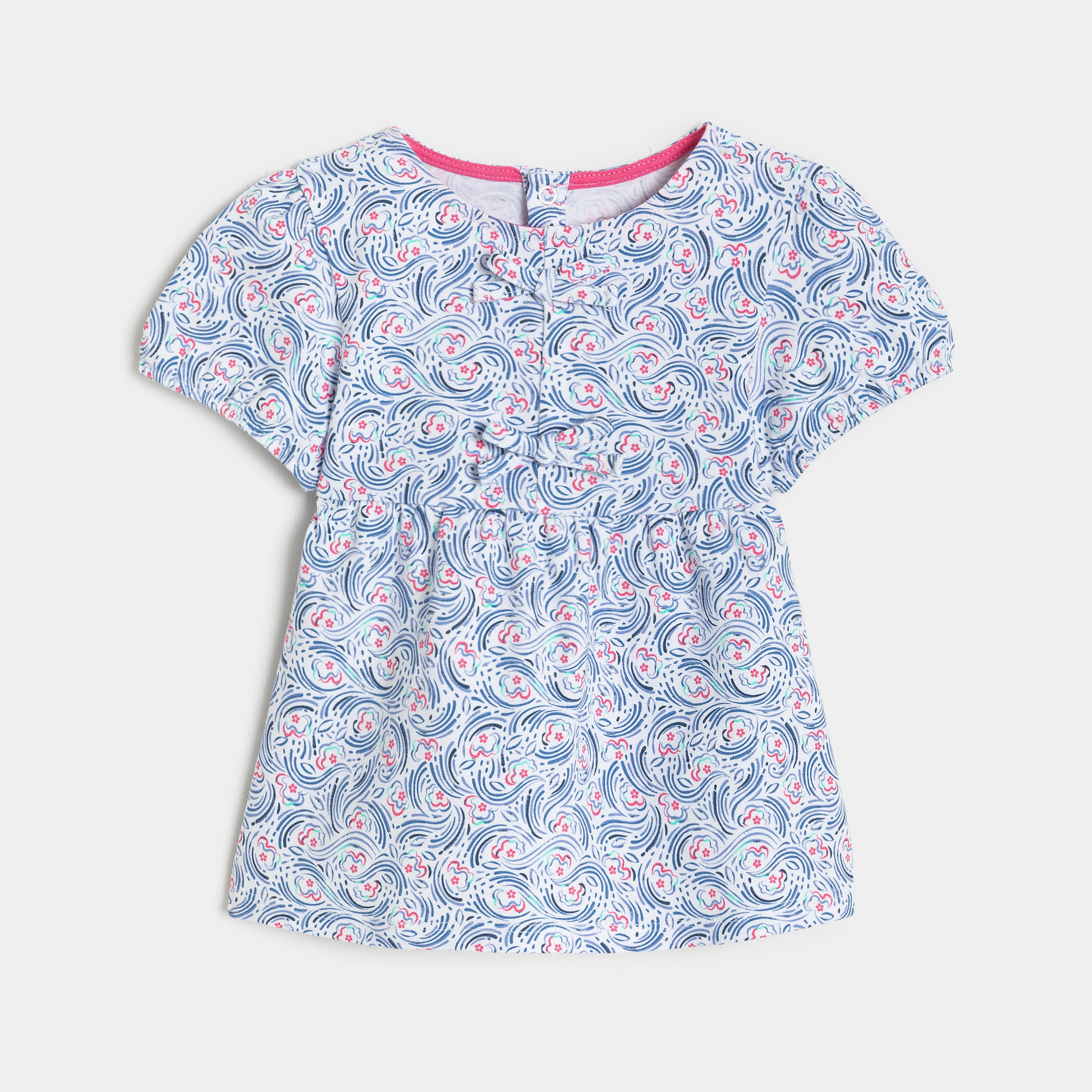 Blouse à nœuds fleurie bleu bébé fille - Rayures bleu