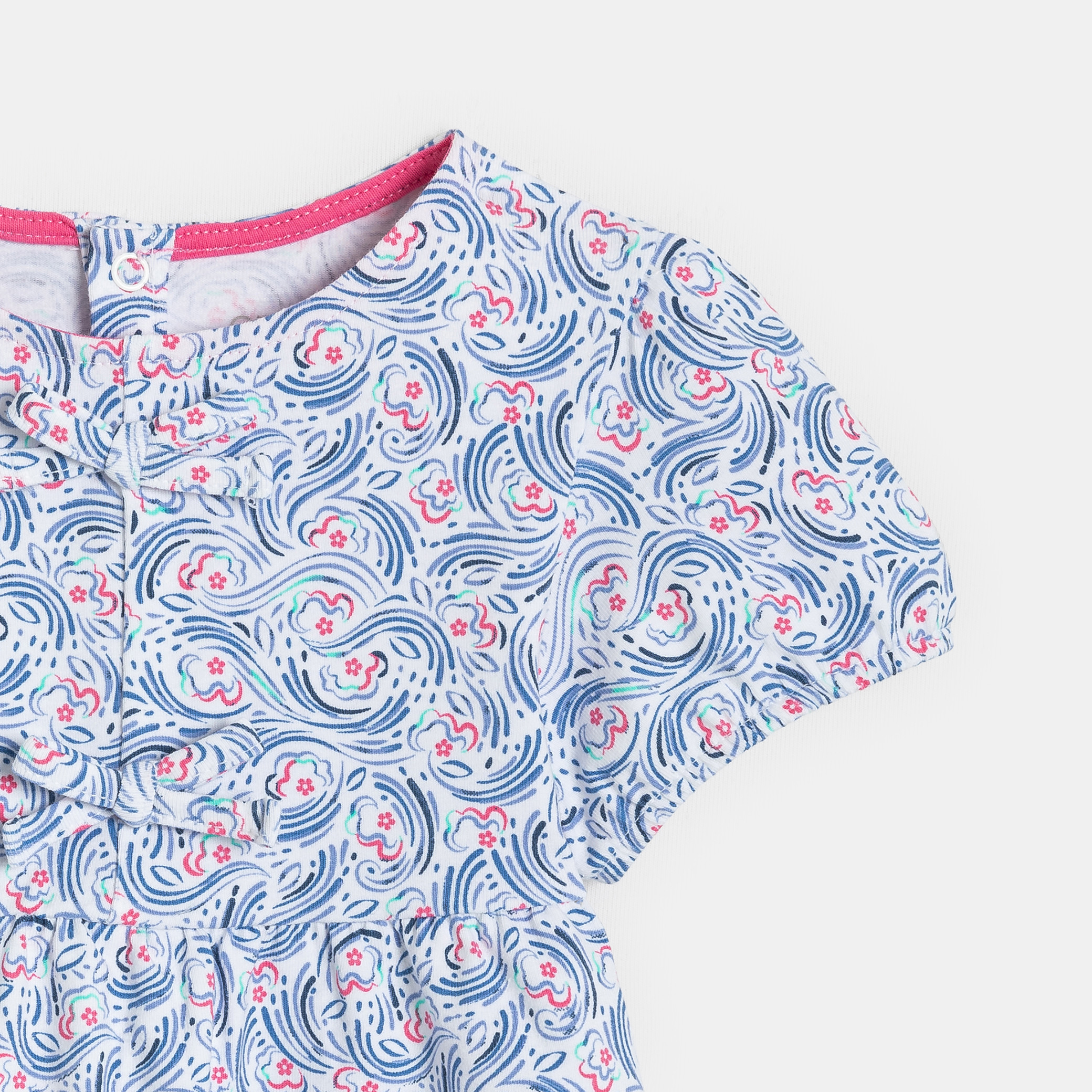 Blouse à nœuds fleurie bleu bébé fille - Rayures bleu