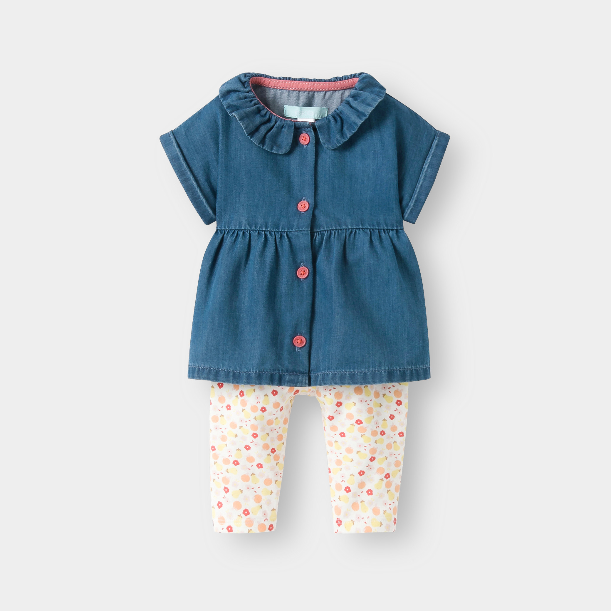 Blouse en jean et legging fleuri bleu bébé fille - Imprimé multicolore