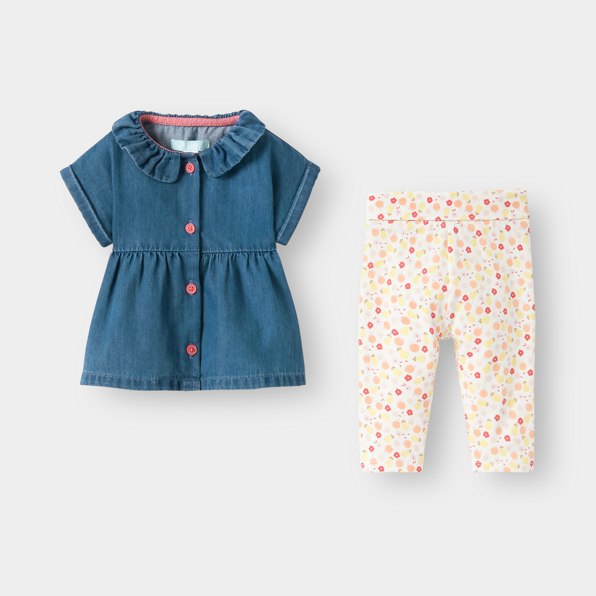 Blouse en jean et legging fleuri bleu bébé fille - Imprimé multicolore