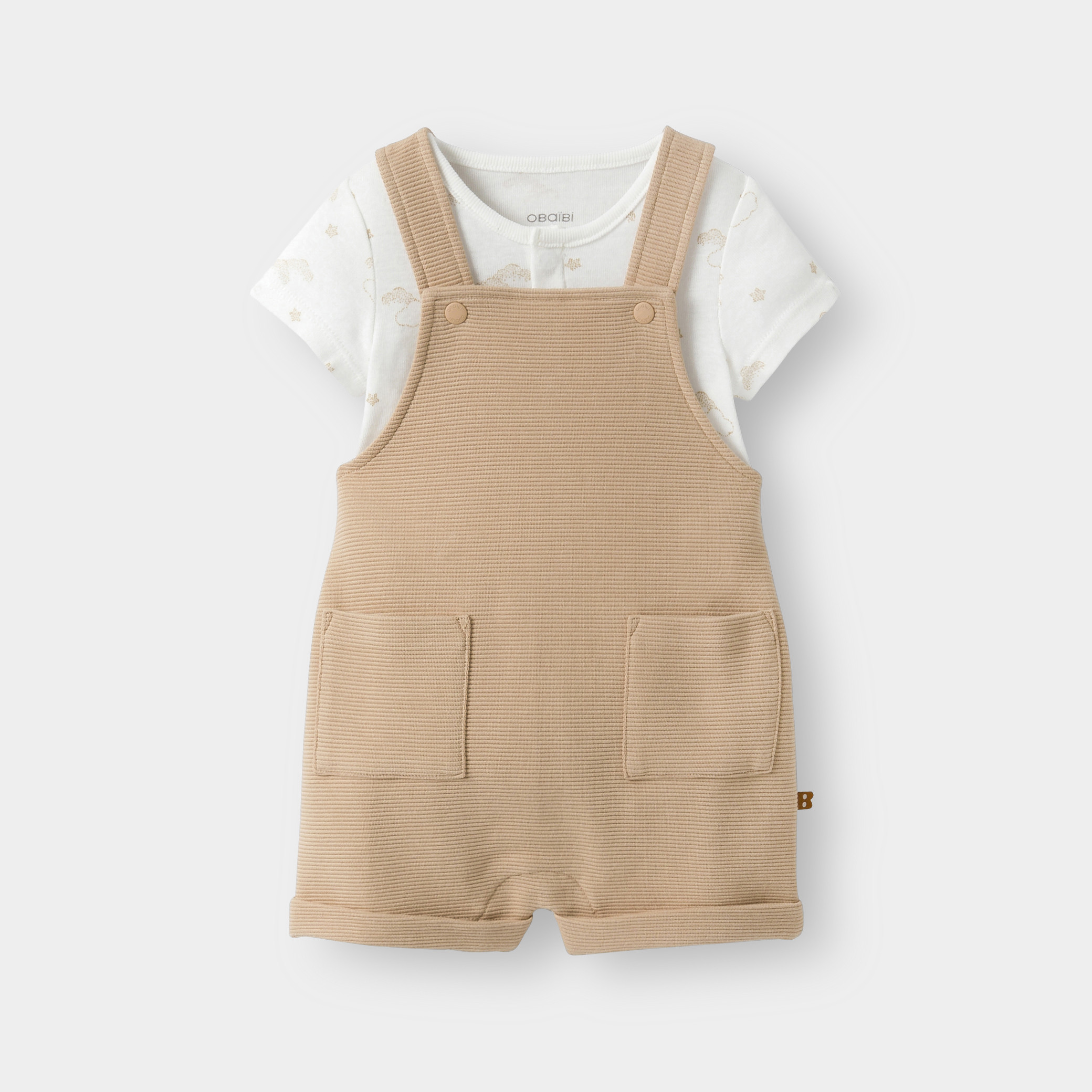 Salopette courte fantaisie et body beige bébé garçon - Vert Amande