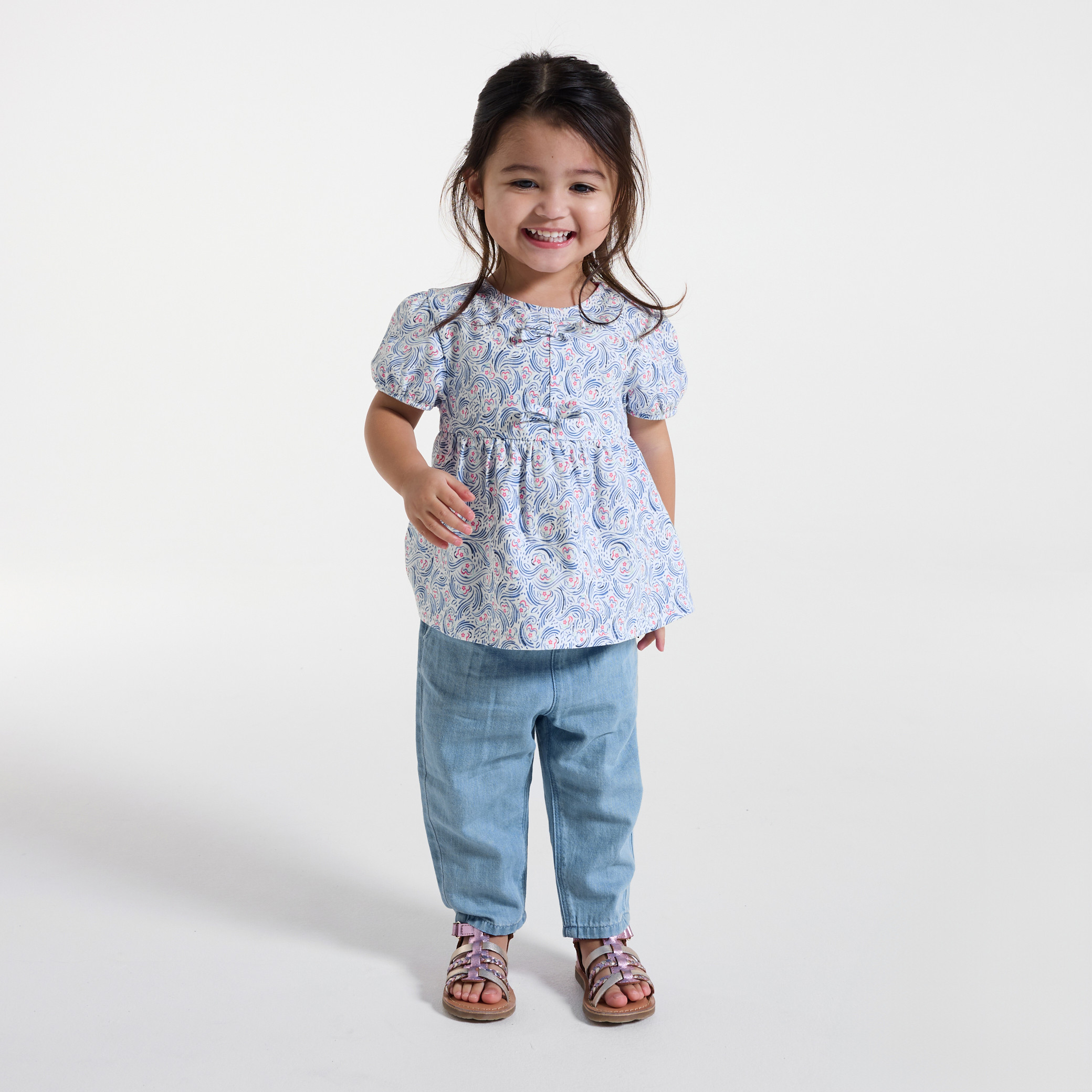Blouse à nœuds fleurie bleu bébé fille - Rayures bleu