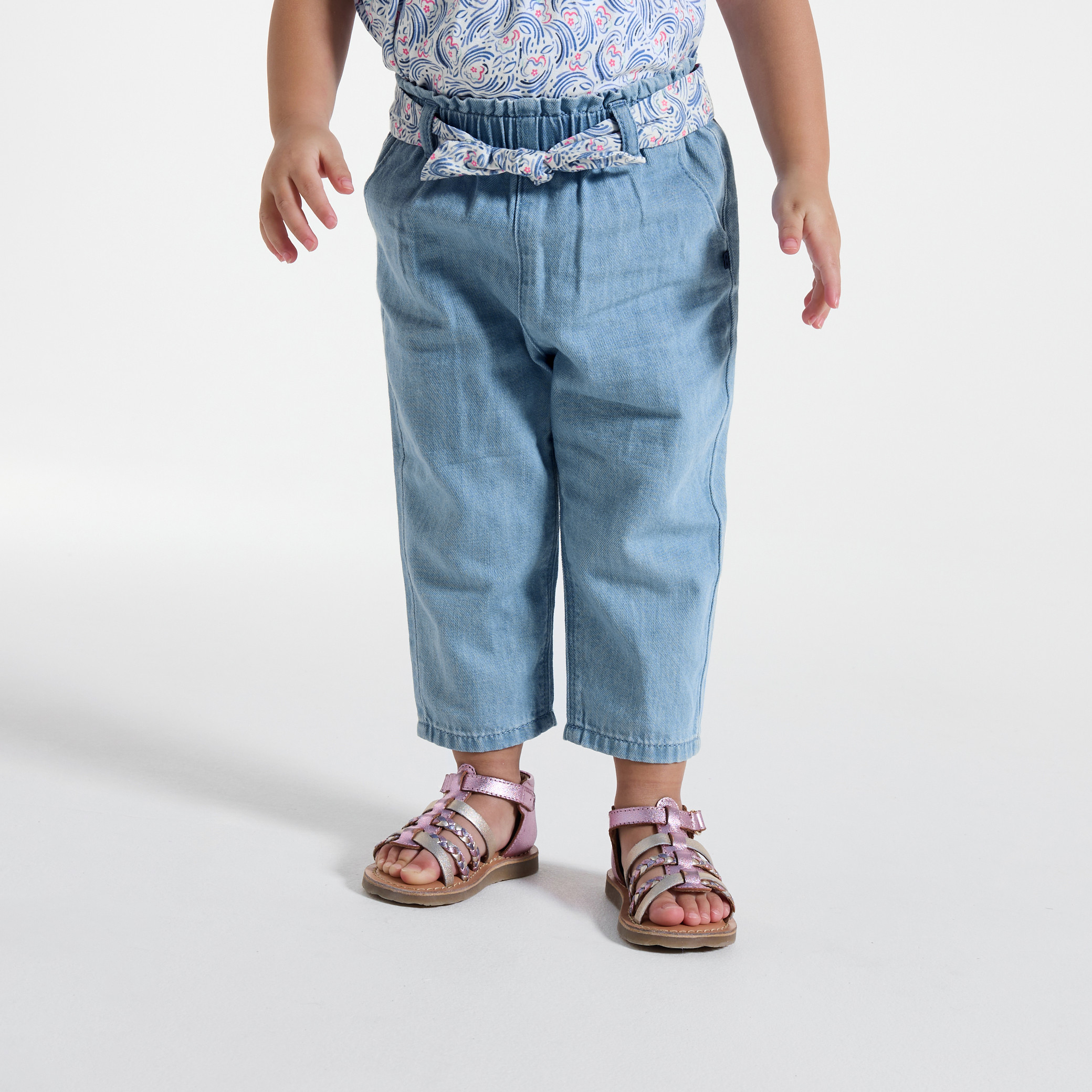 Blouse à nœuds fleurie bleu bébé fille - Rayures bleu