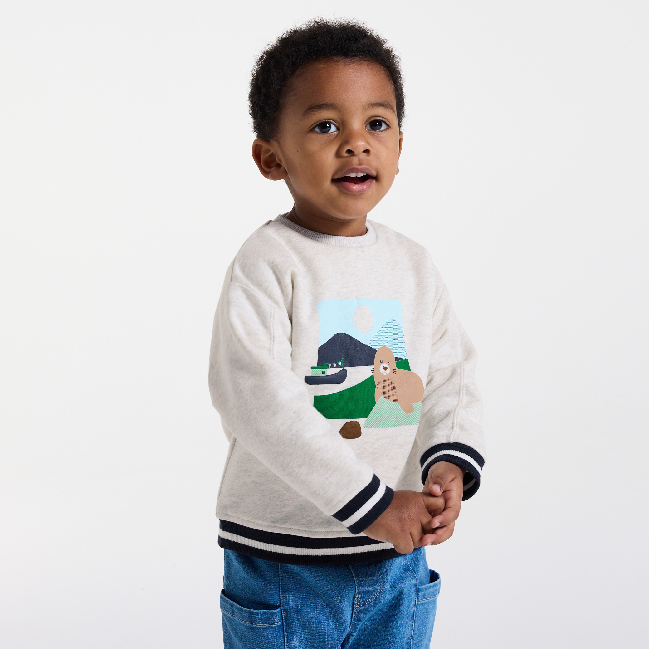 Sweat gris motif animalier bébé garçon - Gris Chiné Clair