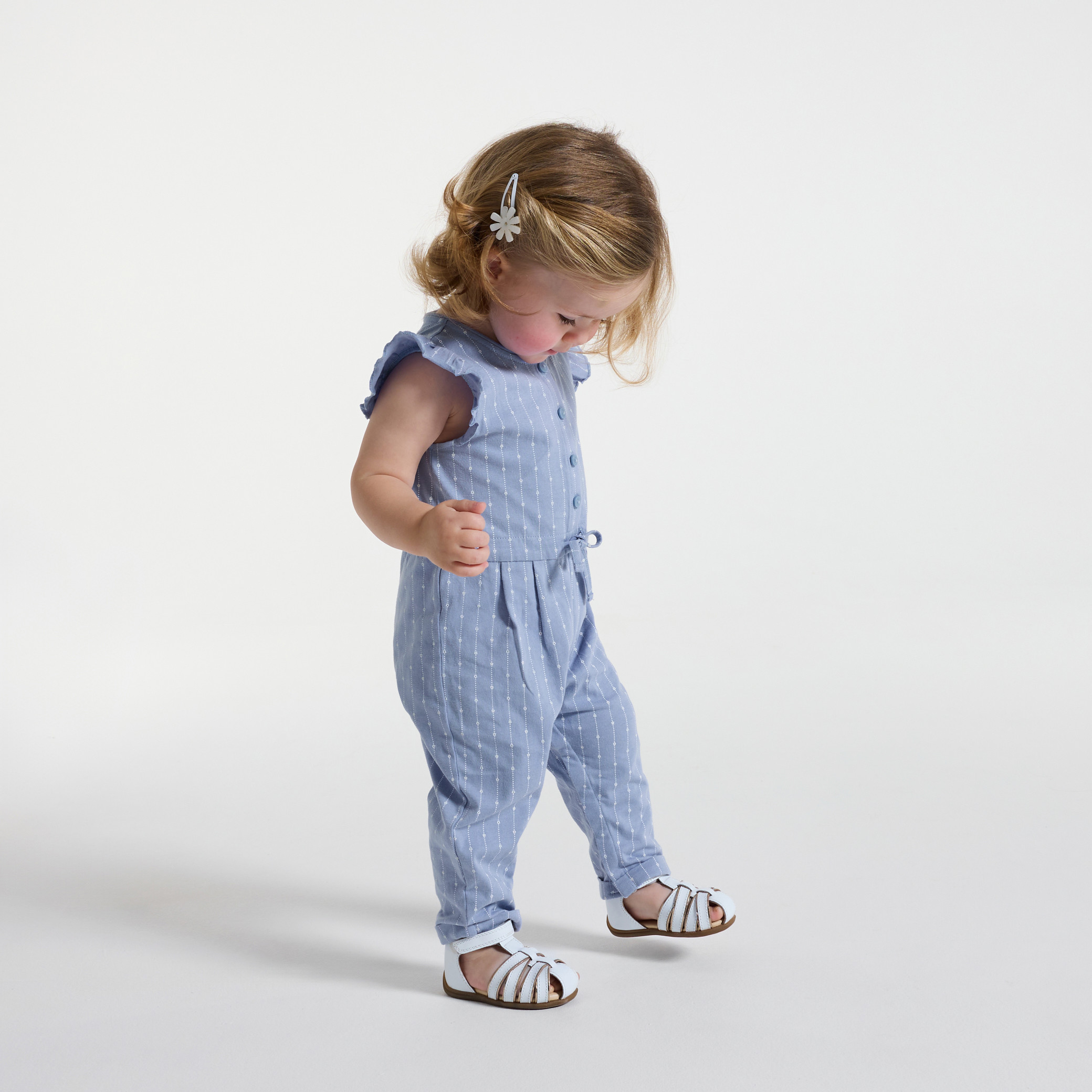 Combinaison longue fleurie bleu marine bébé fille - Rayures bleu