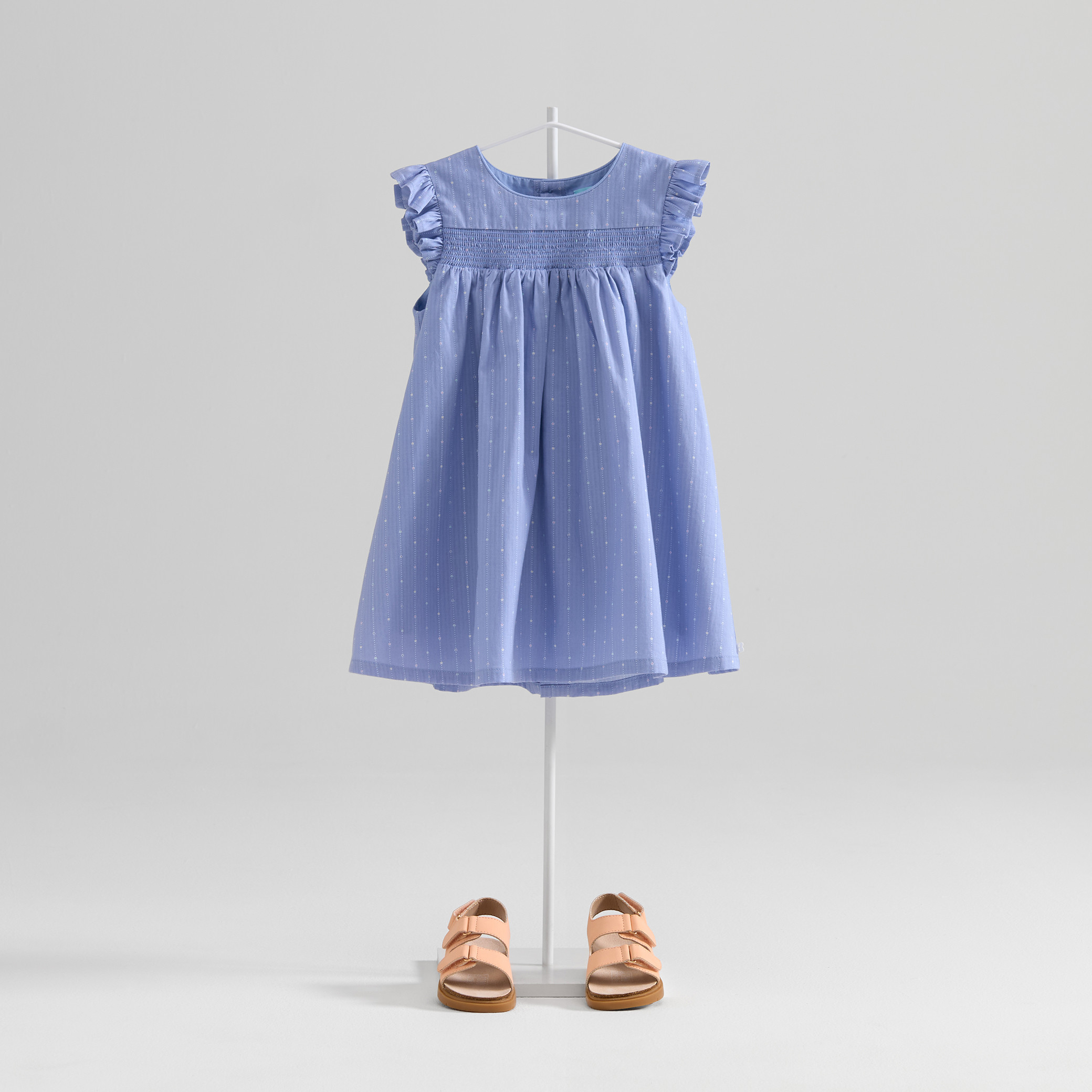 Robe à smocks fleurie bleu bébé fille - Rayures bleu