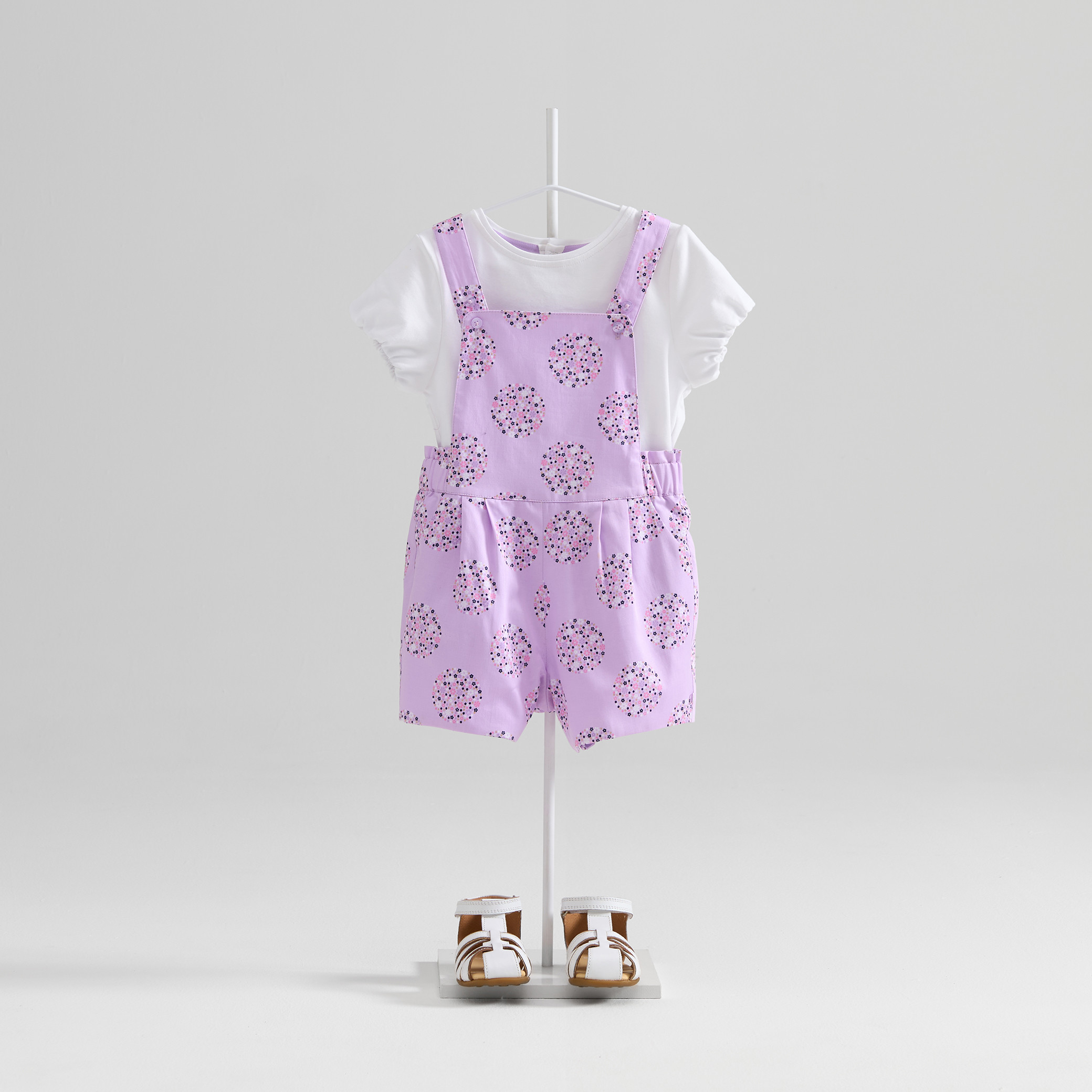 Salopette courte et t-shirt mauve bébé fille - Imprimé Violet