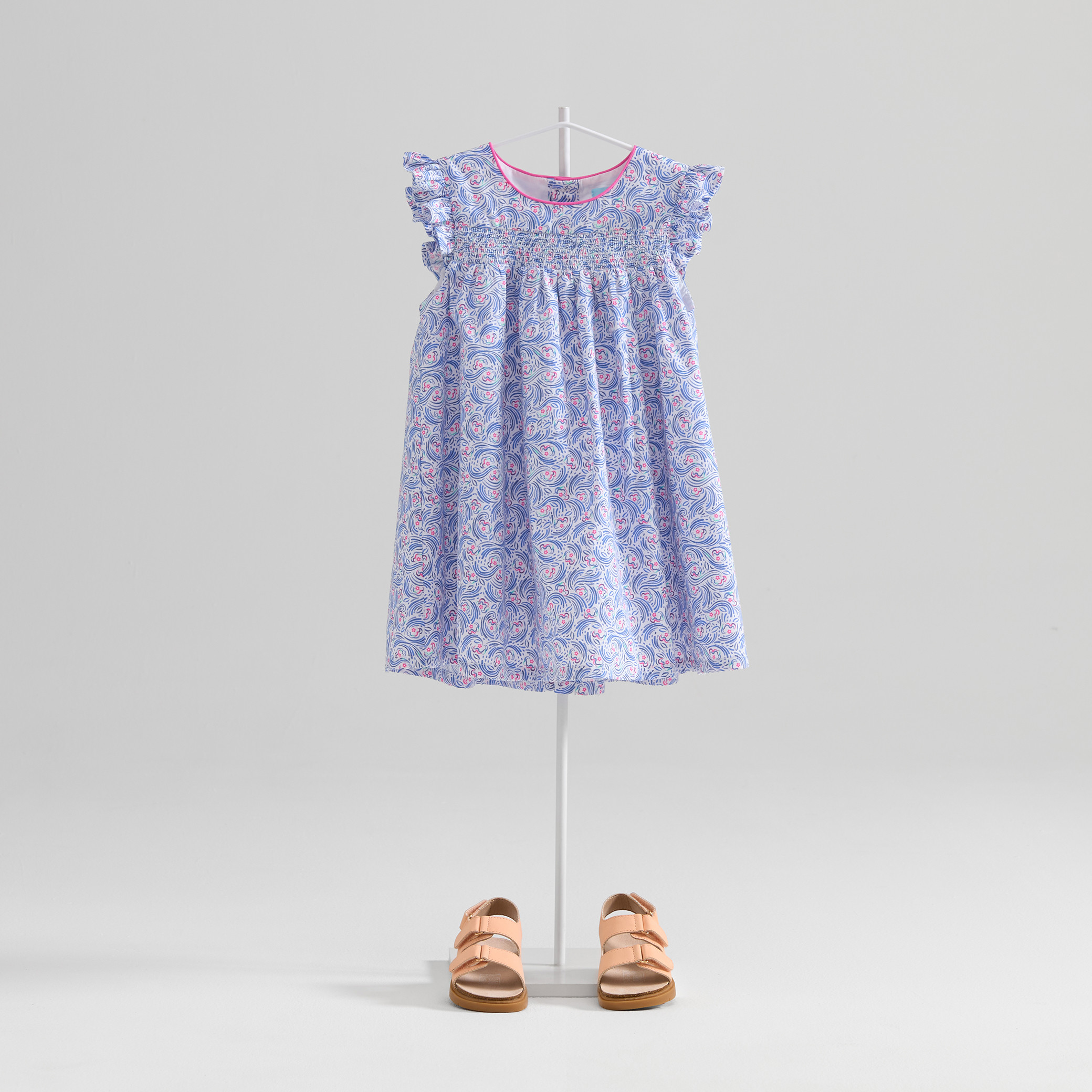 Robe à smocks fleurie bleu bébé fille - Imprimé bleu