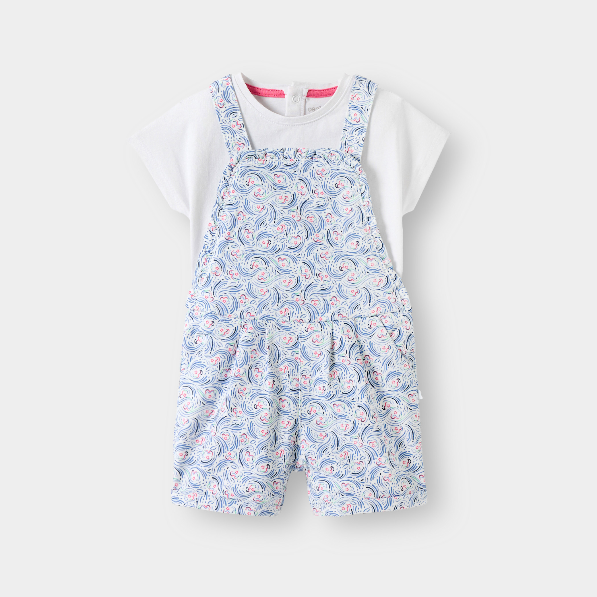 Salopette courte et t-shirt bleu bébé fille - Imprimé bleu