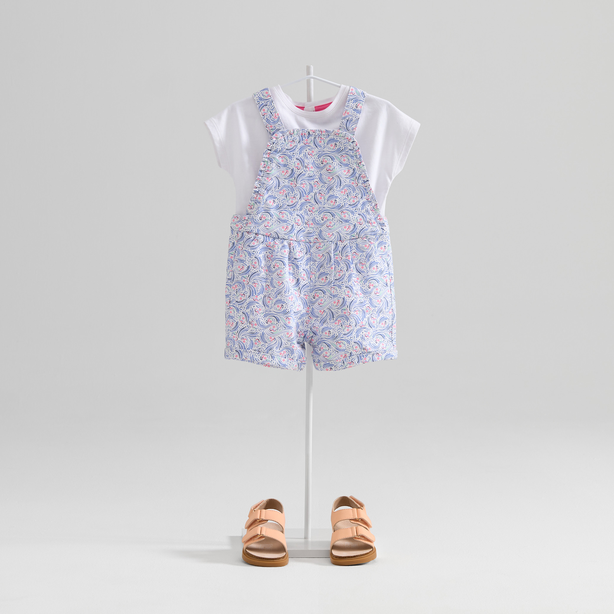 Salopette courte et t-shirt bleu bébé fille - Imprimé bleu