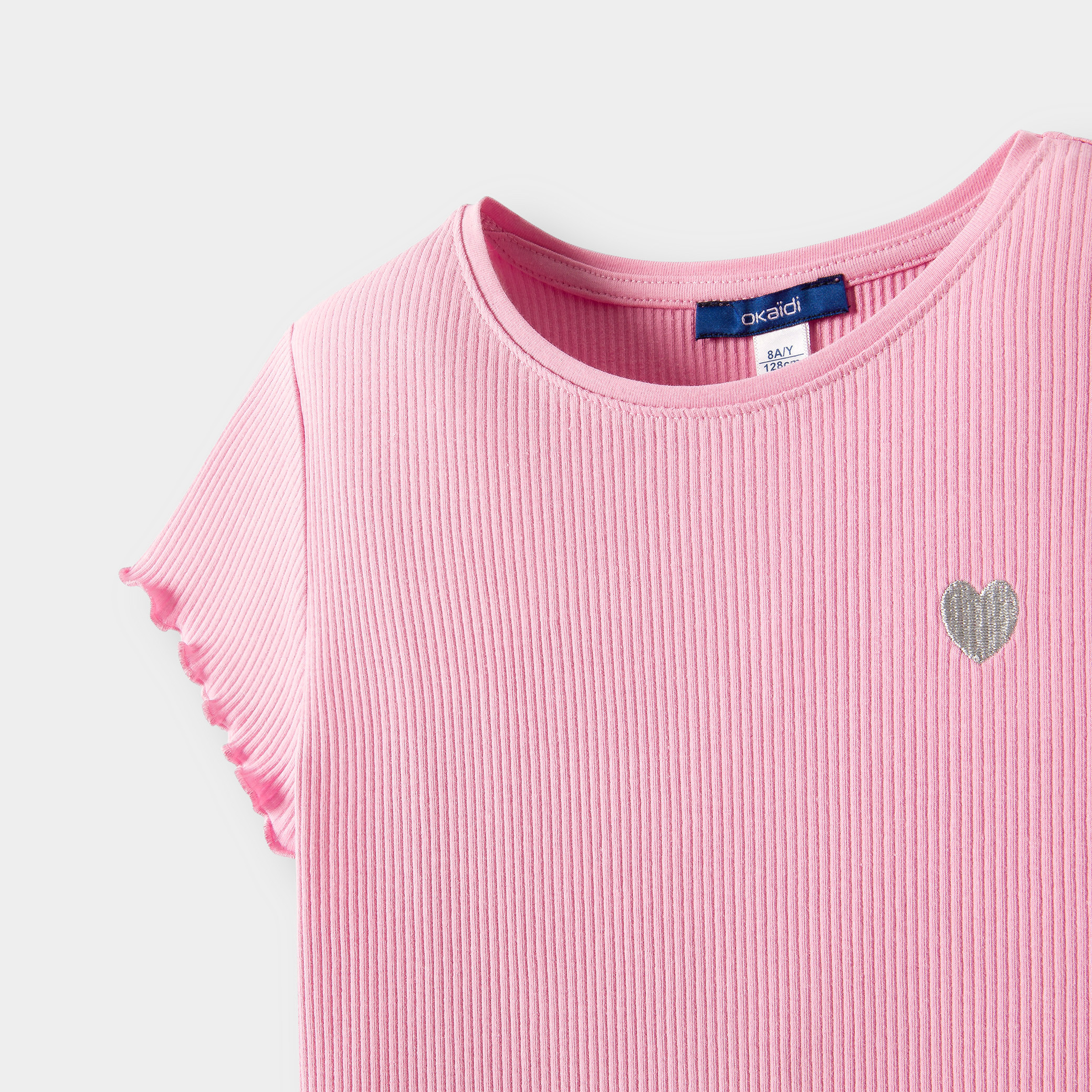 T-shirt maille côtelée rose fille - Rose malabar